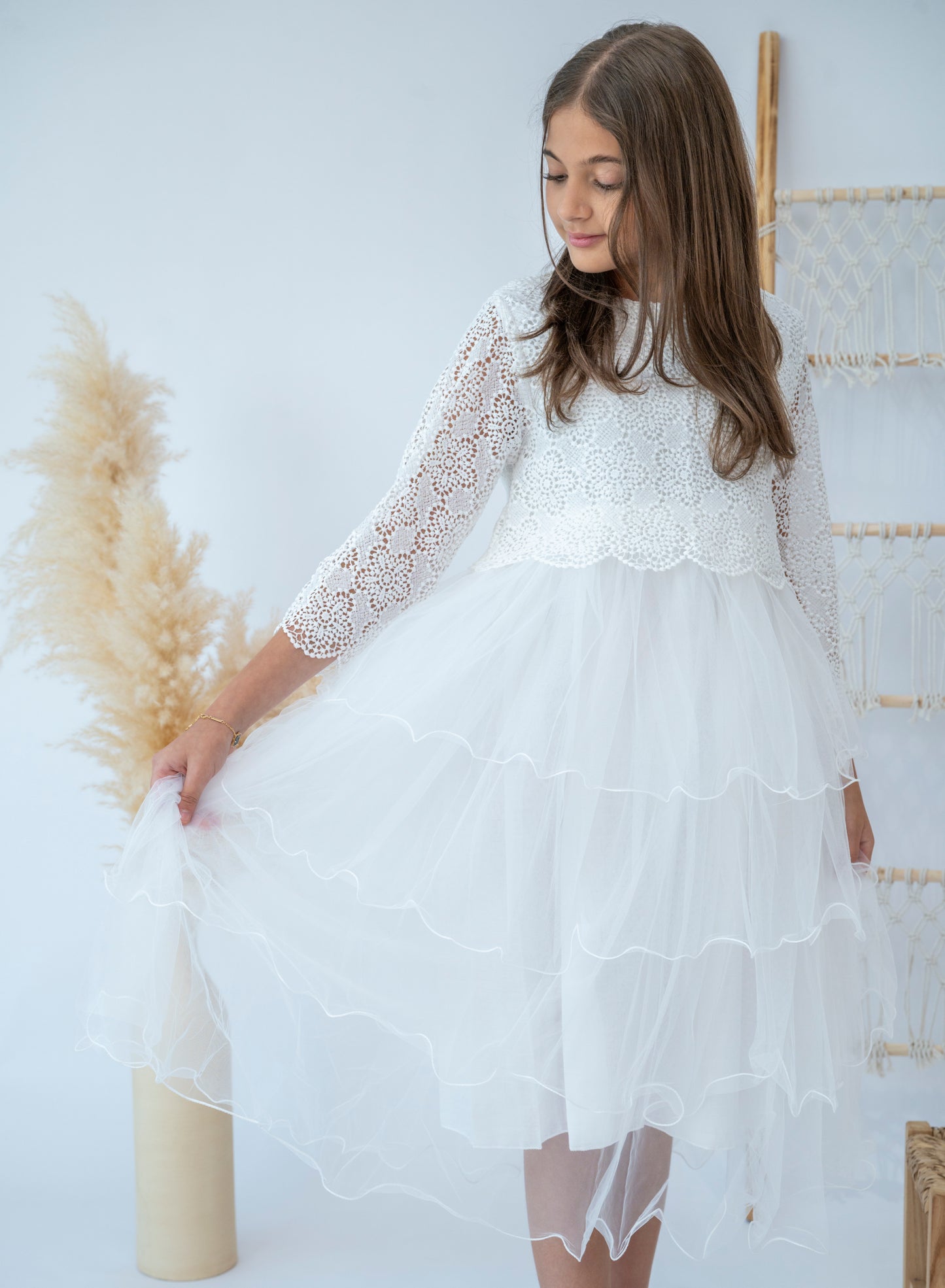 Elegant White Lace Layered Girls Dress
