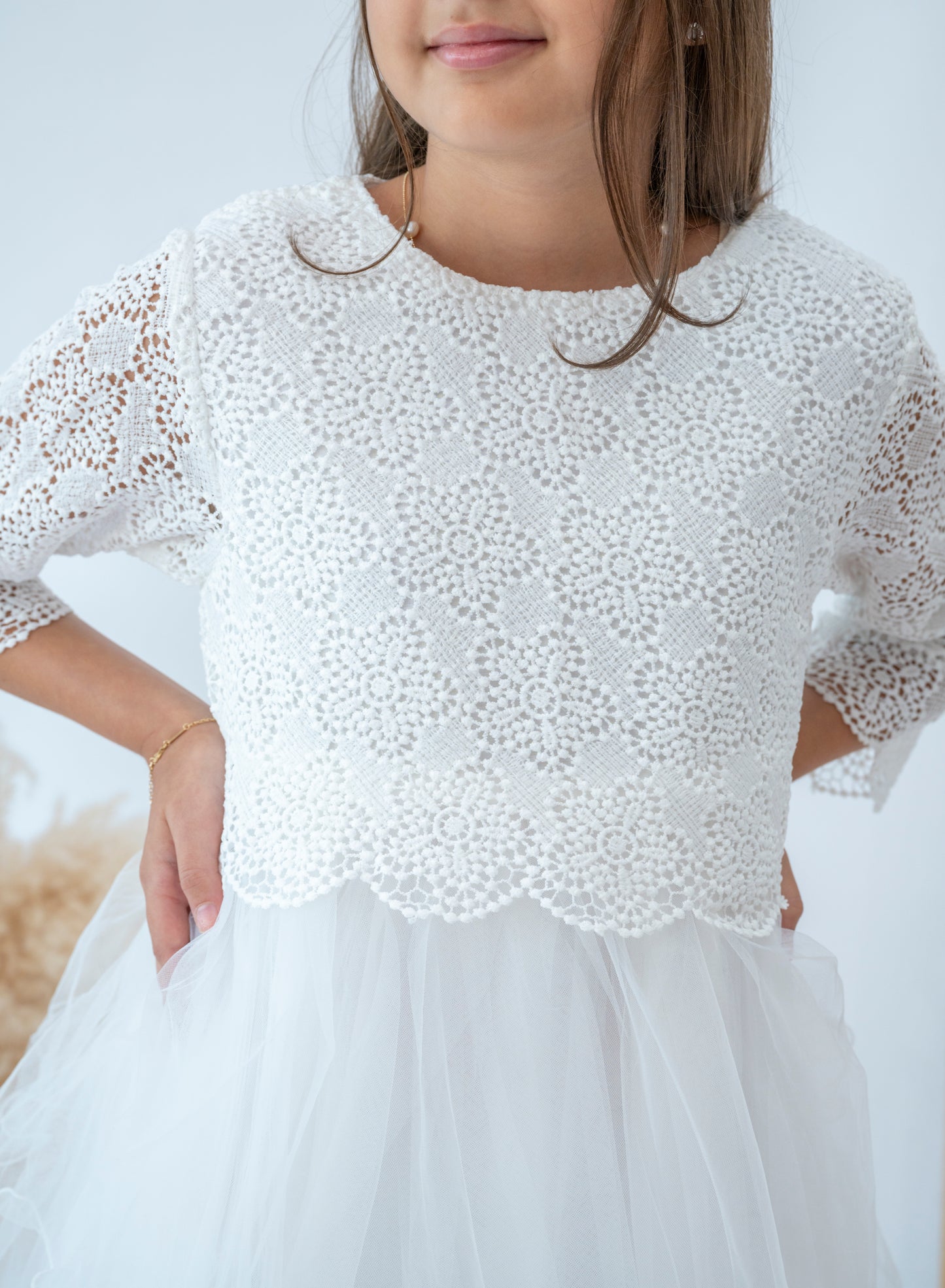Elegant White Lace Layered Girls Dress