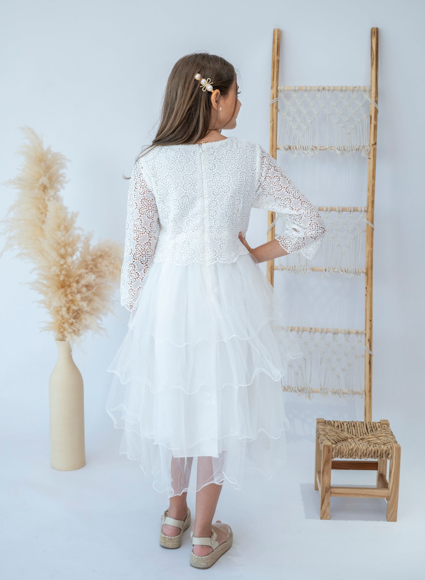 Elegant White Lace Layered Girls Dress