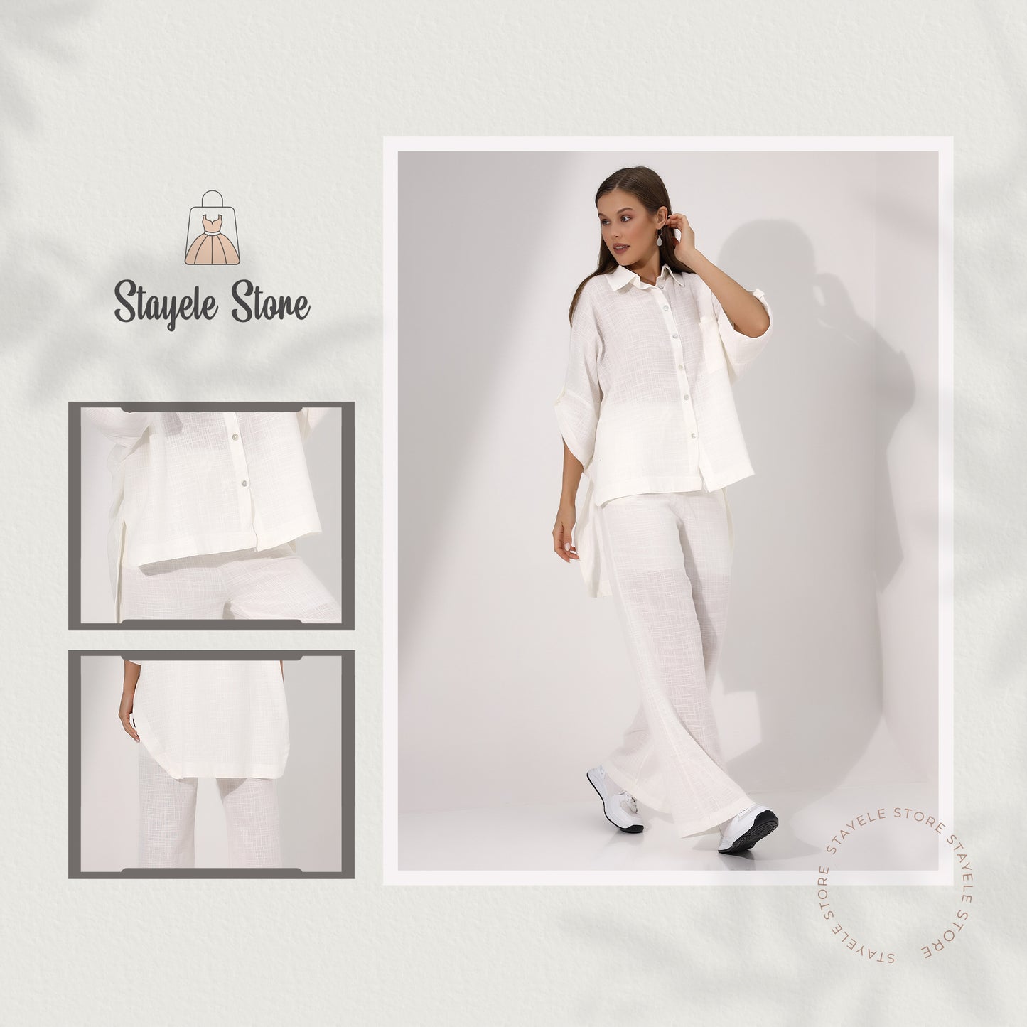 Elegant white button down shirt and wide leg pants set