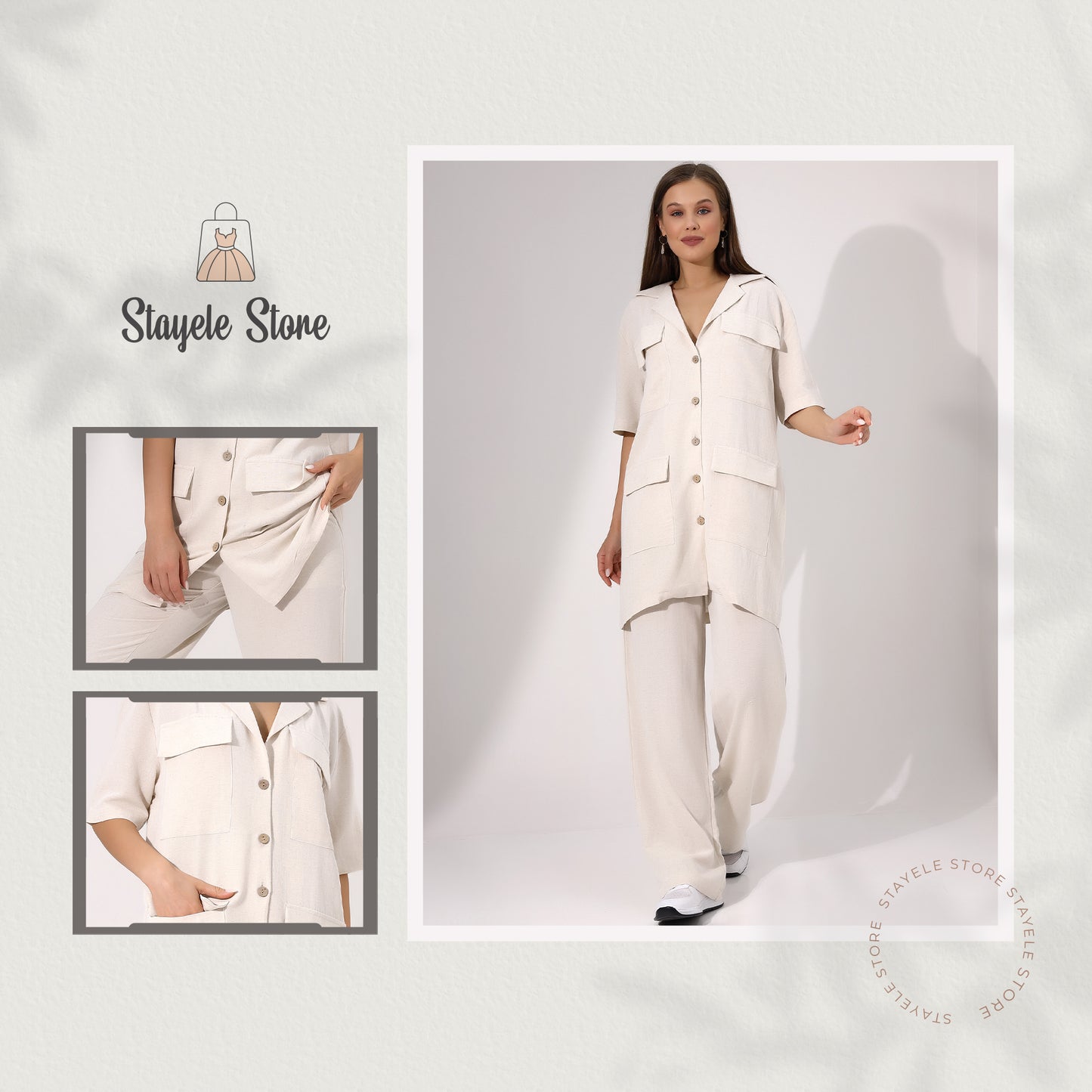 Casual Beige Button-Down Two-Piece Set