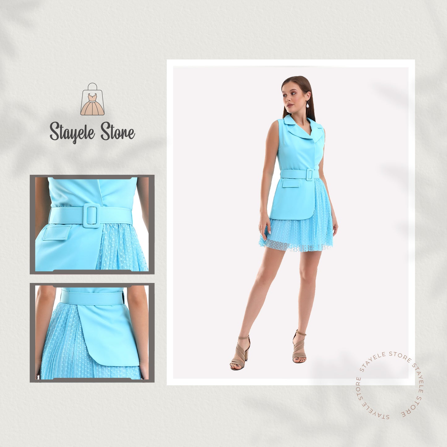 Sleeveless Belted Dress with Pleated Skirt