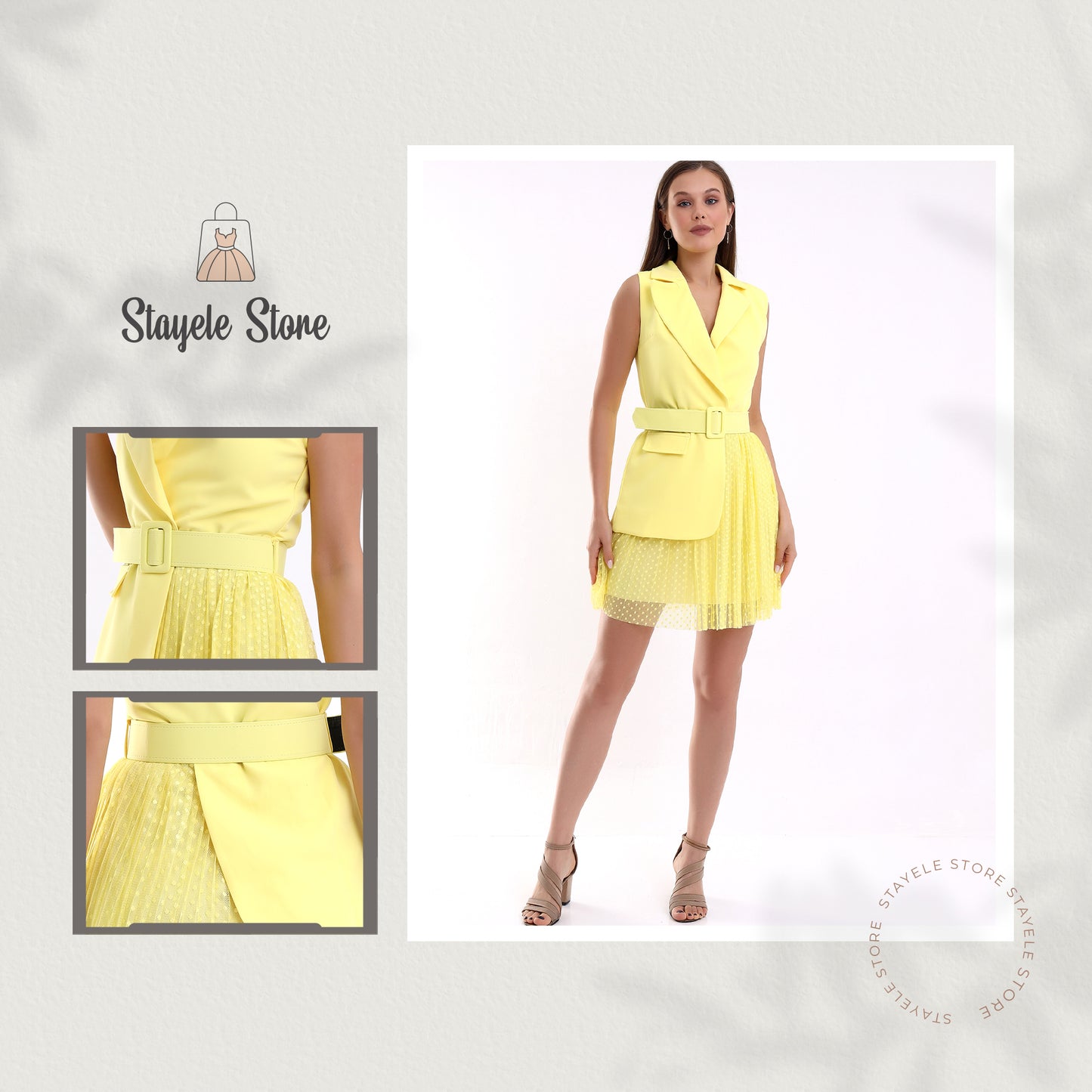 Elegant Sleeveless Belted Pleated Dress Yellow