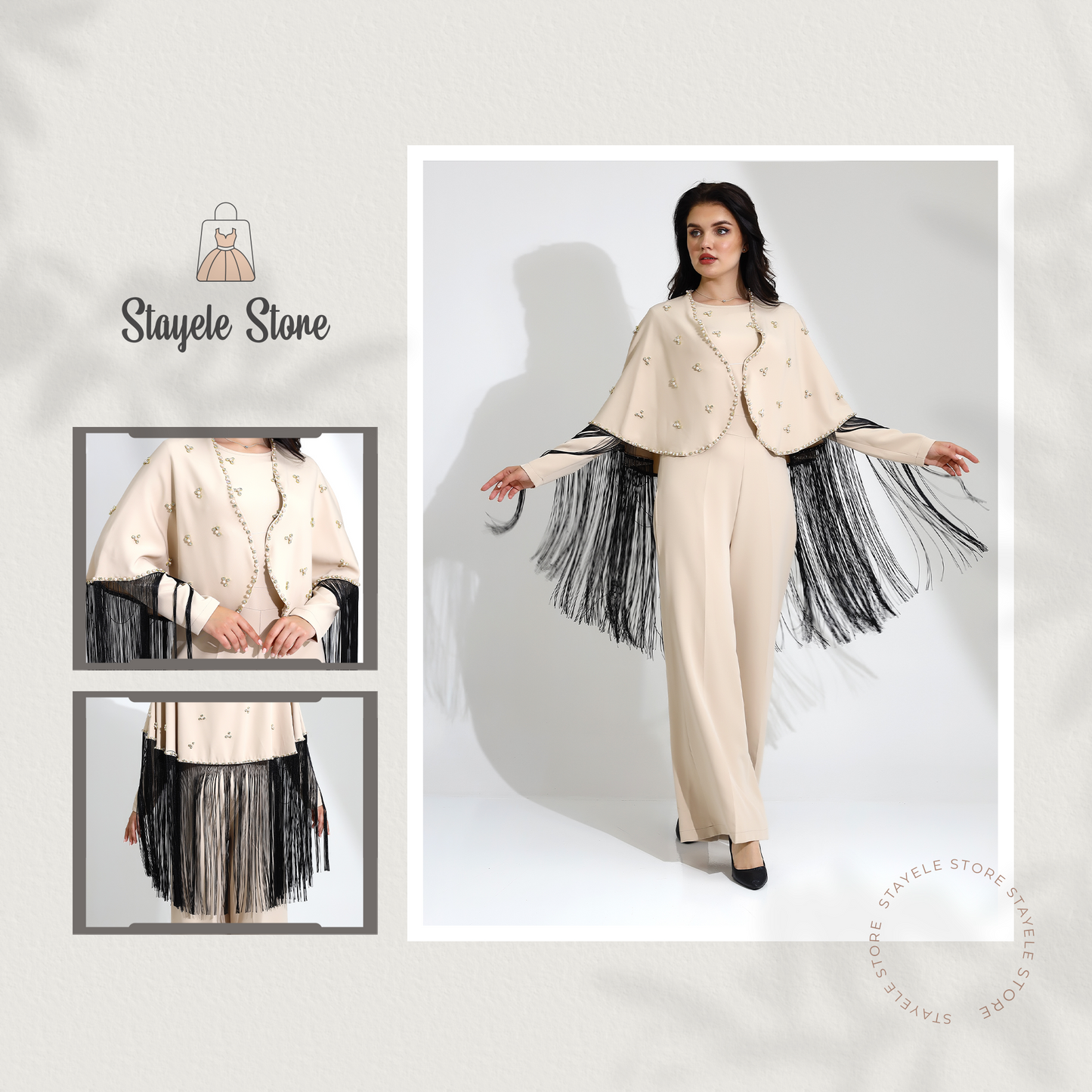 Beige Embellished Jumpsuit with Fringe Detail