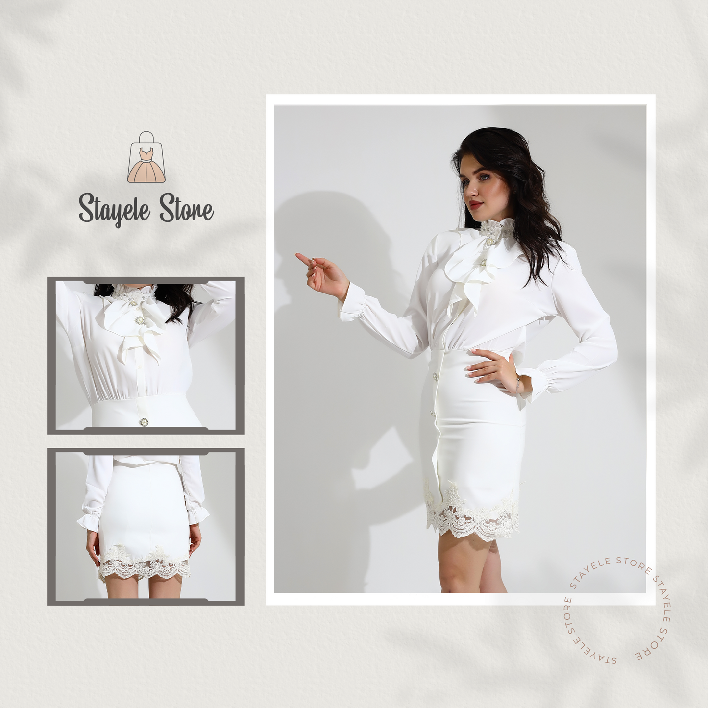 Elegant White Lace Ruffle Blouse and Skirt Set