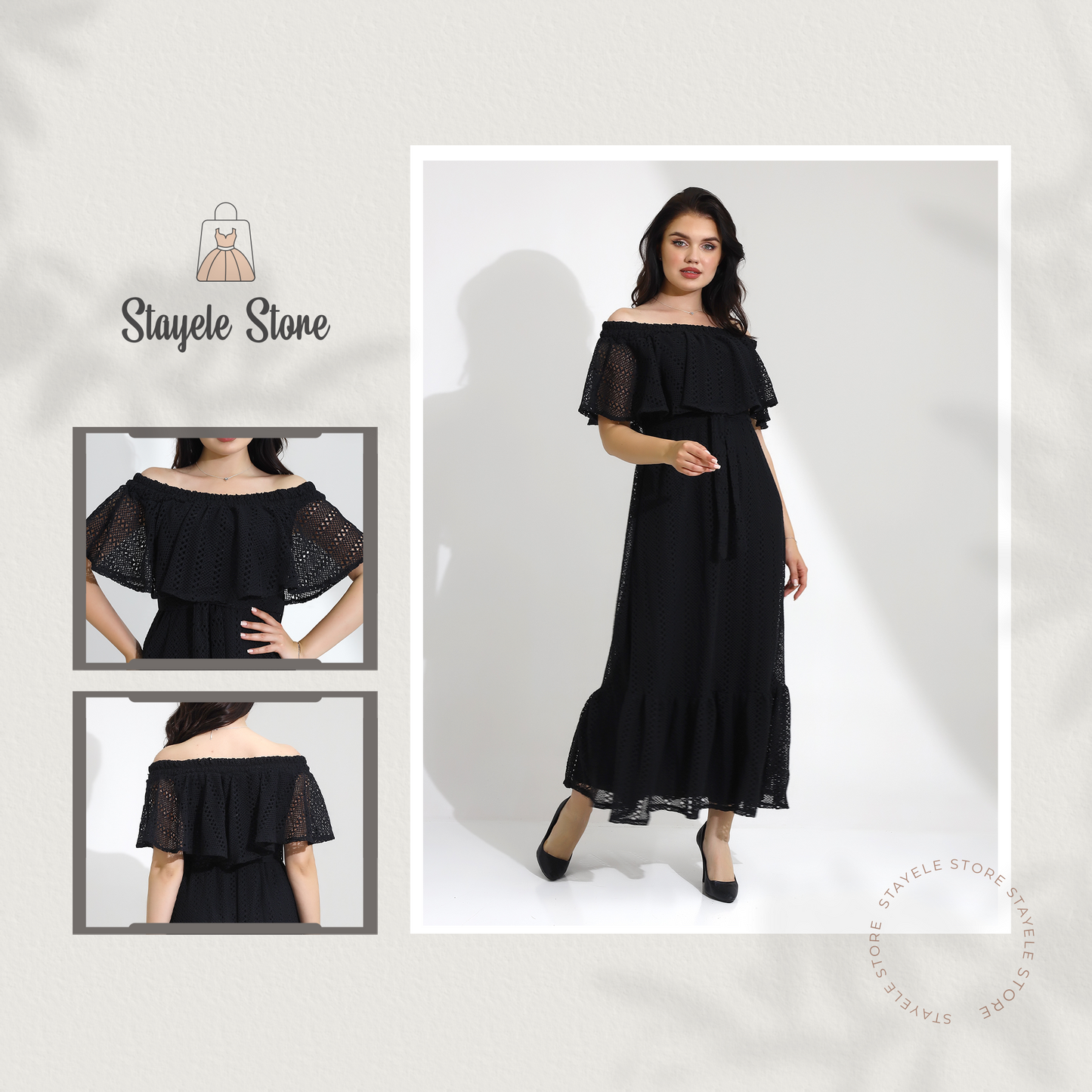 Elegant Black Off-Shoulder Maxi Dress with Ruffle Overlay