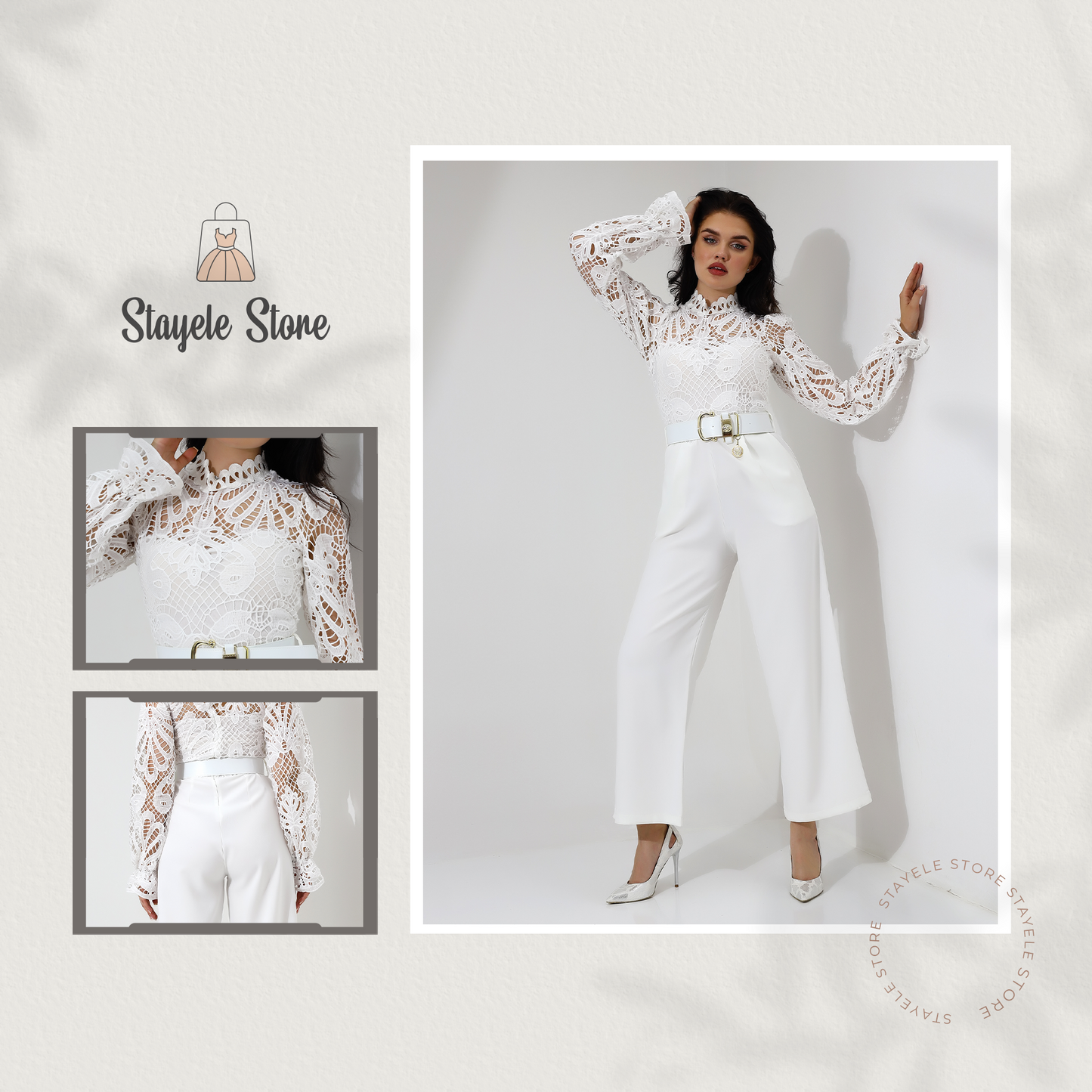 Elegant White Lace High-Neck Jumpsuit with Belt