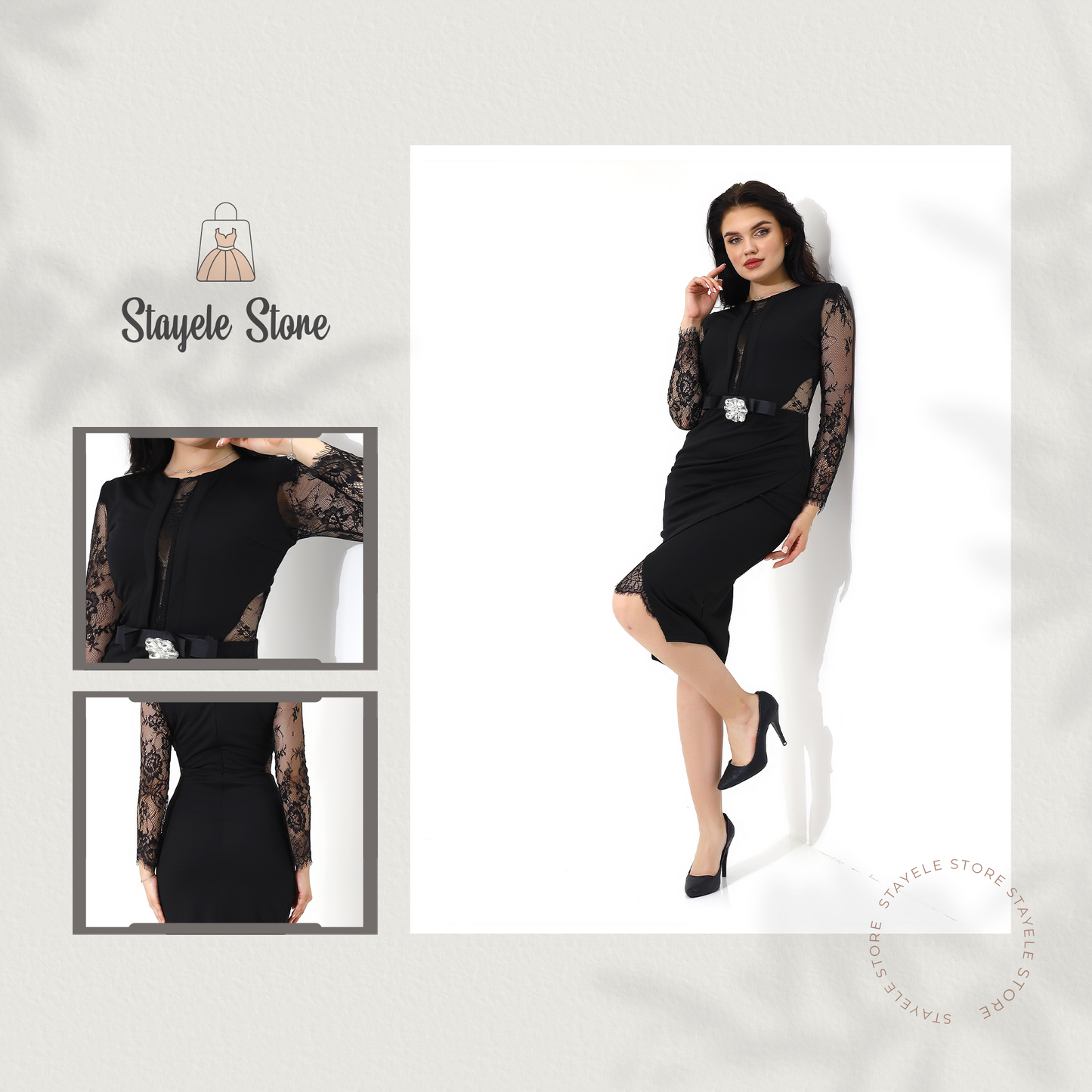 Elegant Black Lace Dress with Crystal Brooch