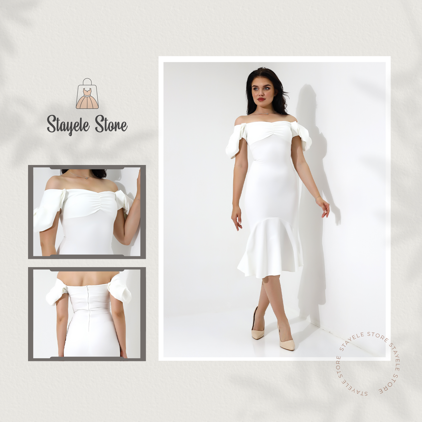 Elegant Off Shoulder Midi Dress with Puff Sleeves – White