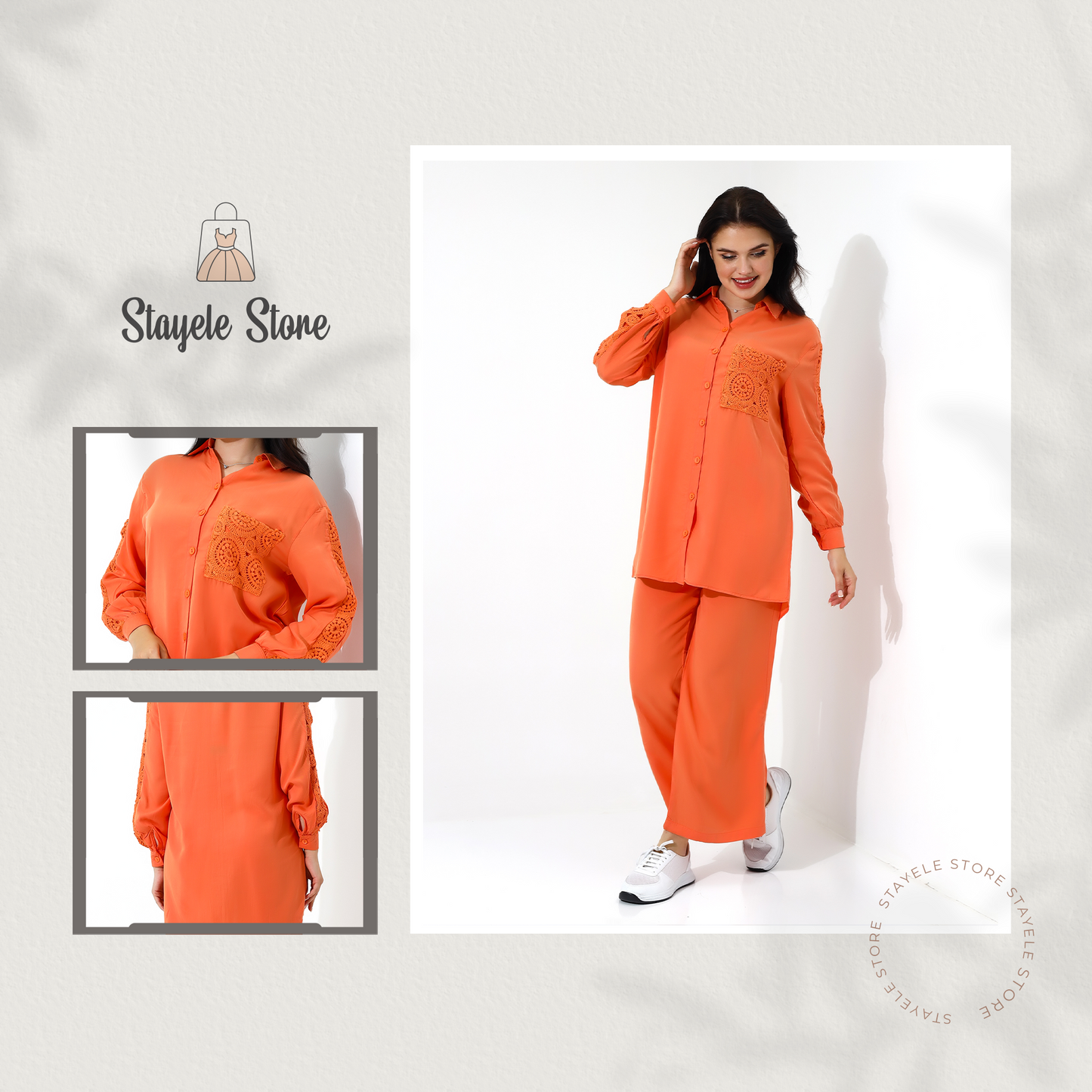 Womens Orange Two Piece Set with Lace Details