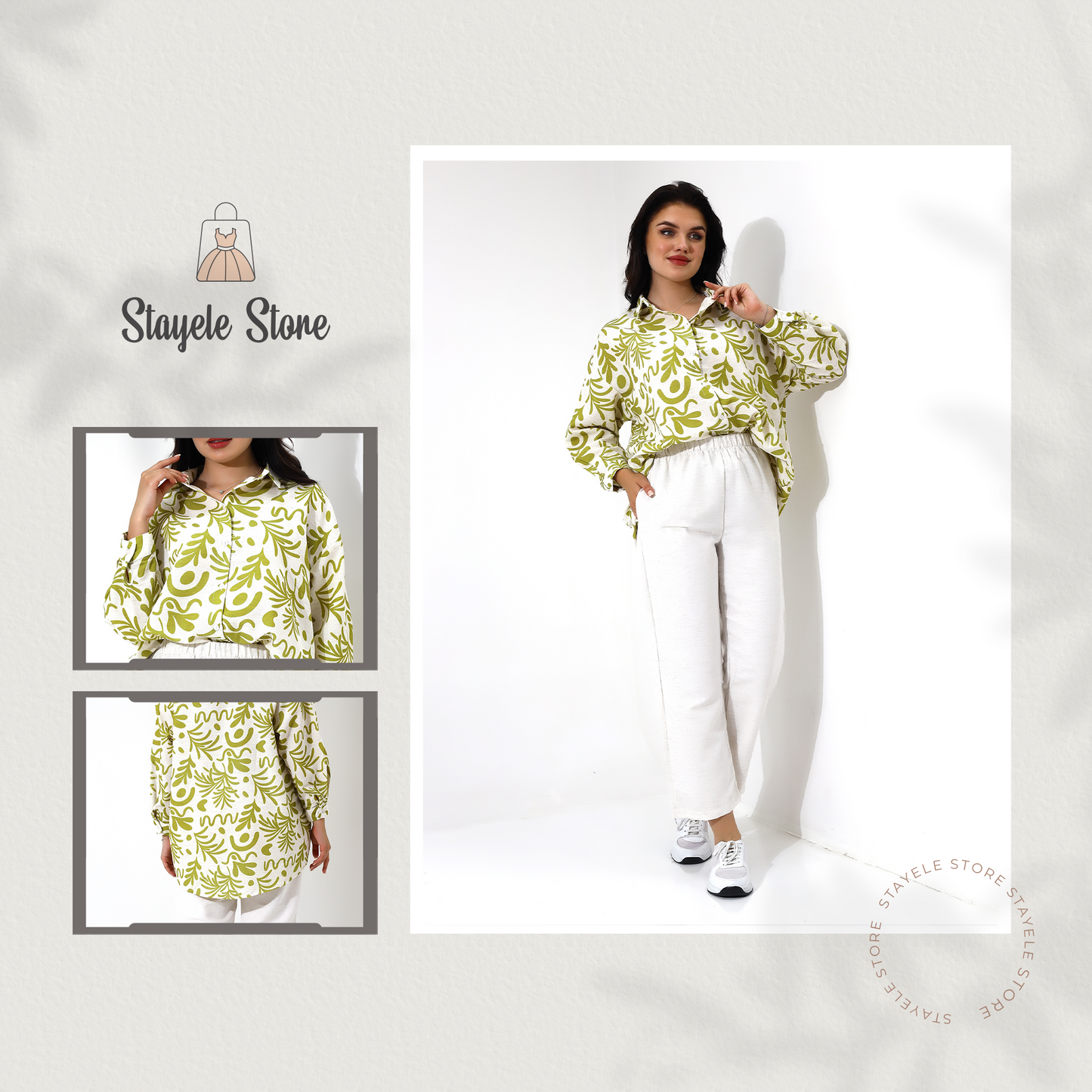Green Plaid Long Sleeve Shirt with White Pants Set