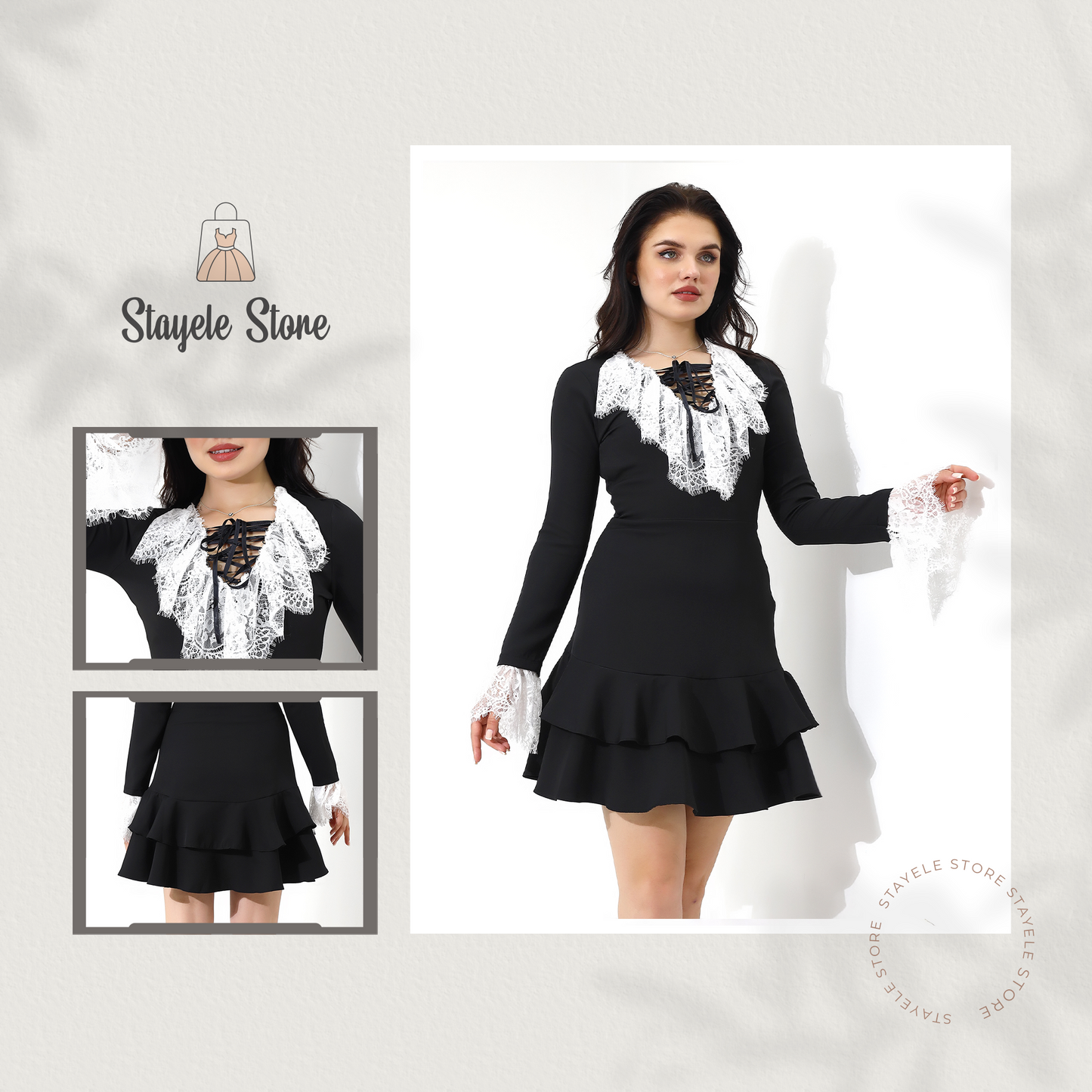 Elegant Lace Trim Black Dress