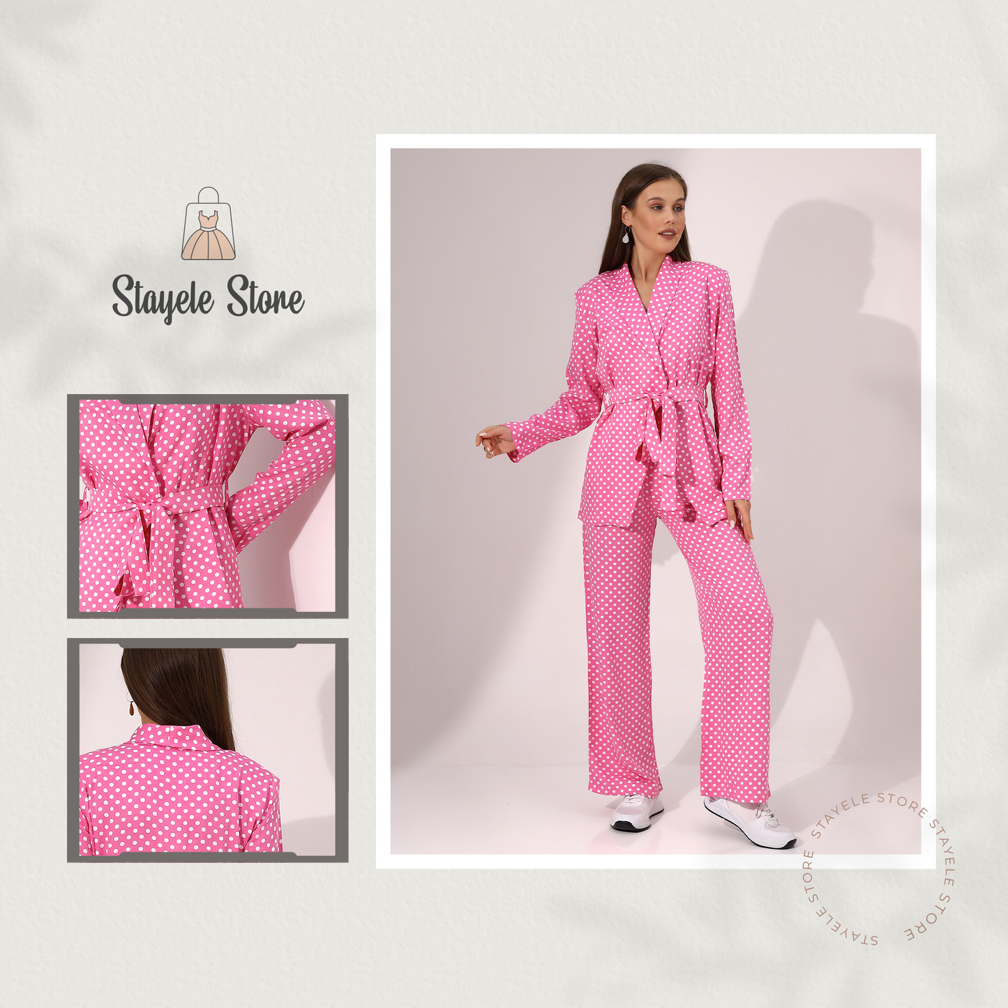 Pink Polka Dot Belted Long Sleeve Blazer and Wide-Leg Pants Set
