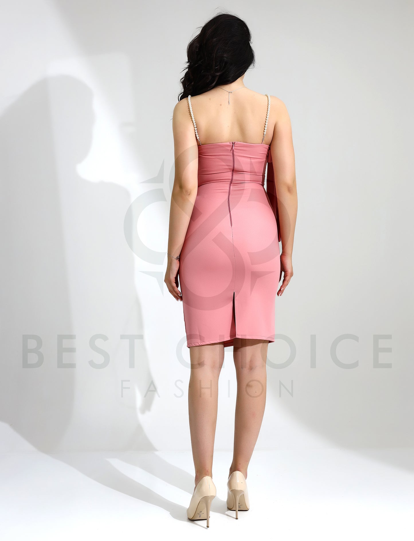 Elegant Pink Bodycon Dress with Shoulder Bows - Stayele Store S