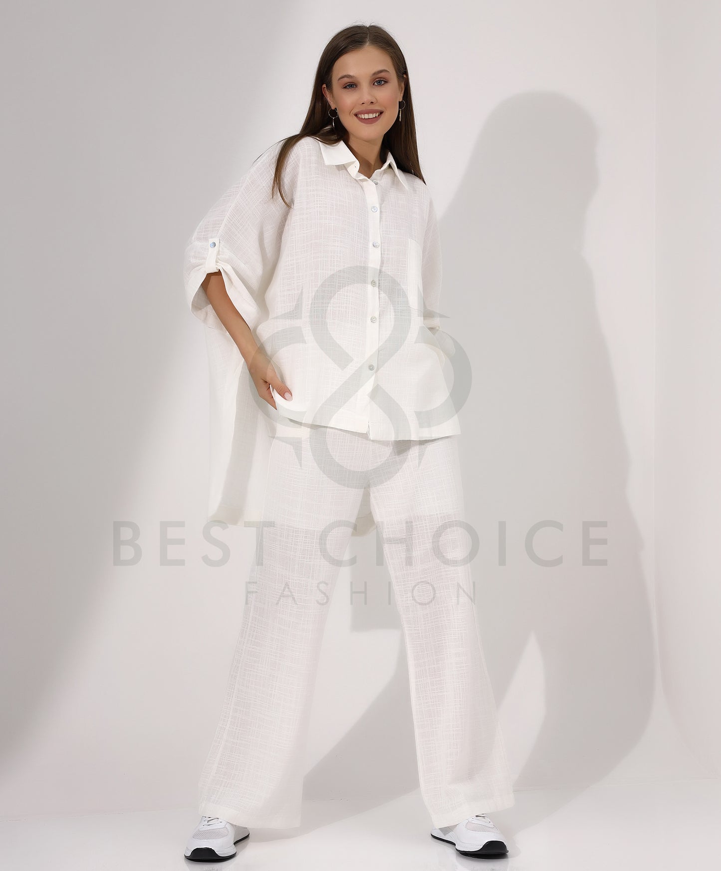 Elegant white button down shirt and wide leg pants set - Stayele Store Small