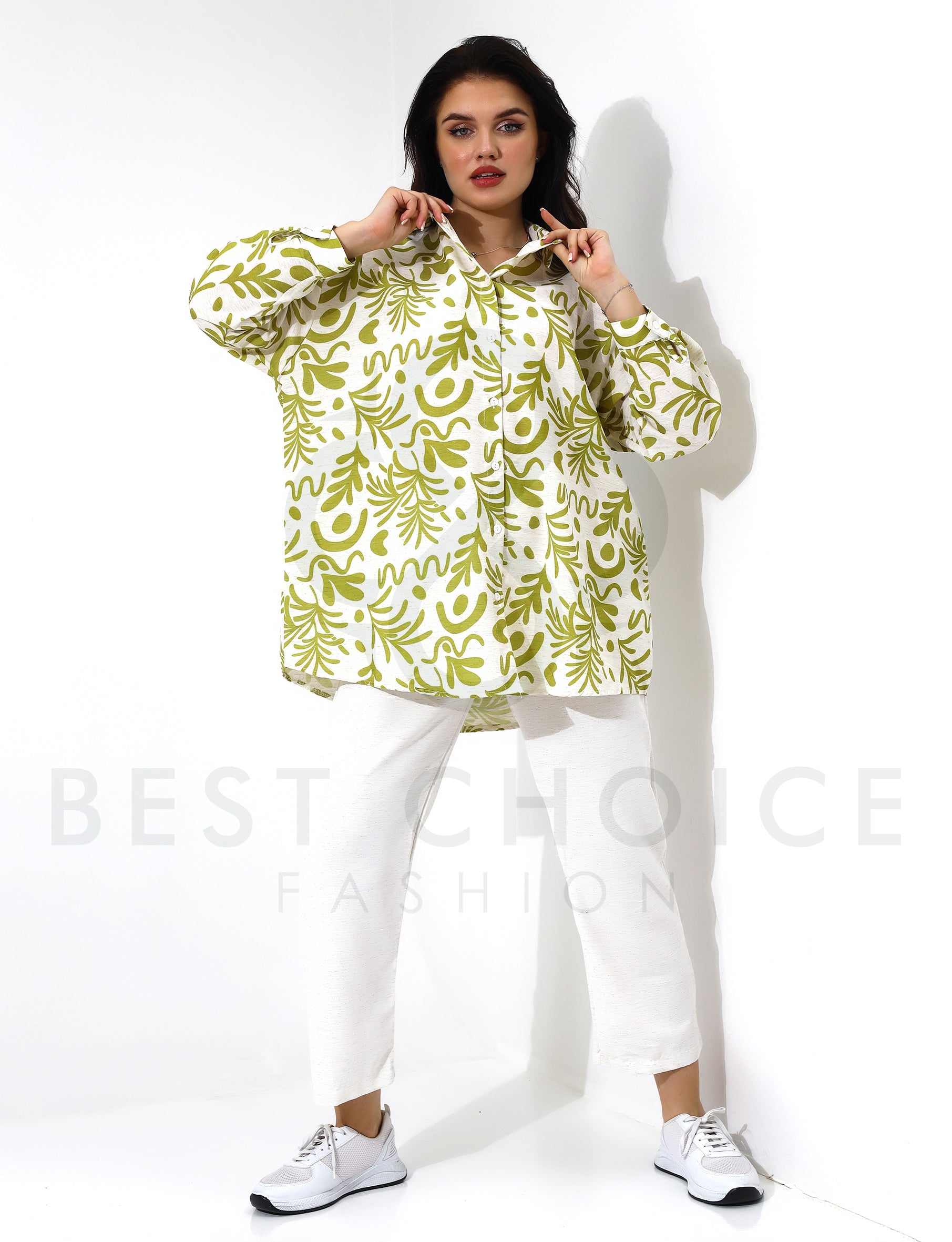 Green Plaid Long Sleeve Shirt with White Pants Set - Stayele Store S