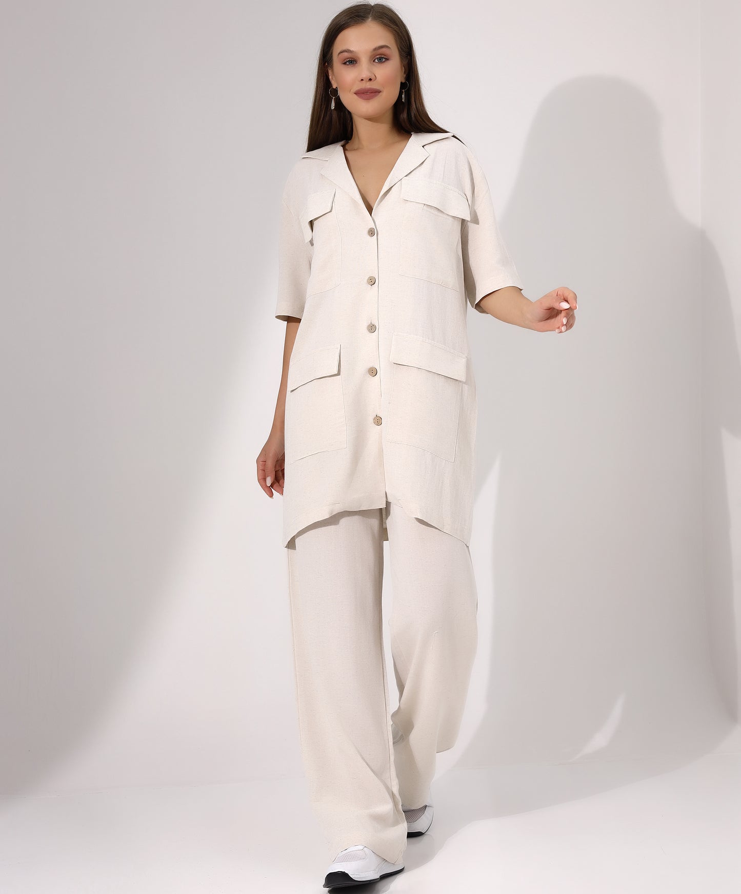 Casual Beige Button-Down Two-Piece Set