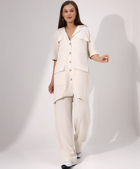 Casual Beige Button-Down Two-Piece Set