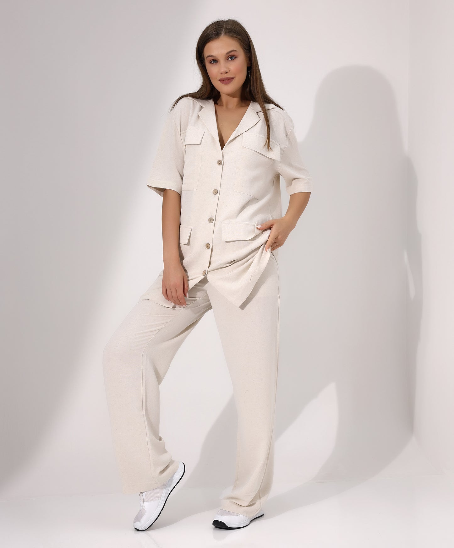 Casual Beige Button-Down Two-Piece Set