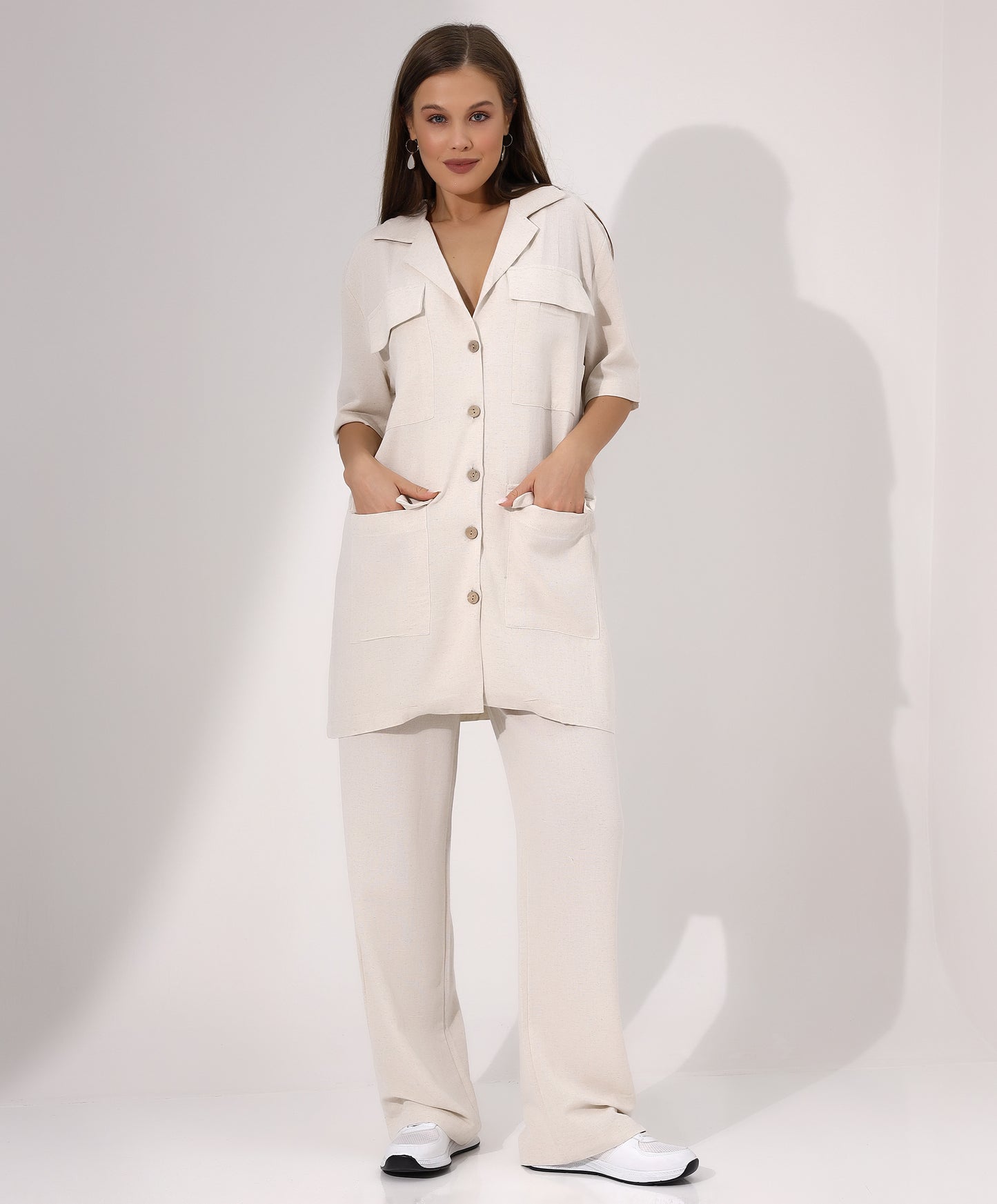 Casual Beige Button-Down Two-Piece Set