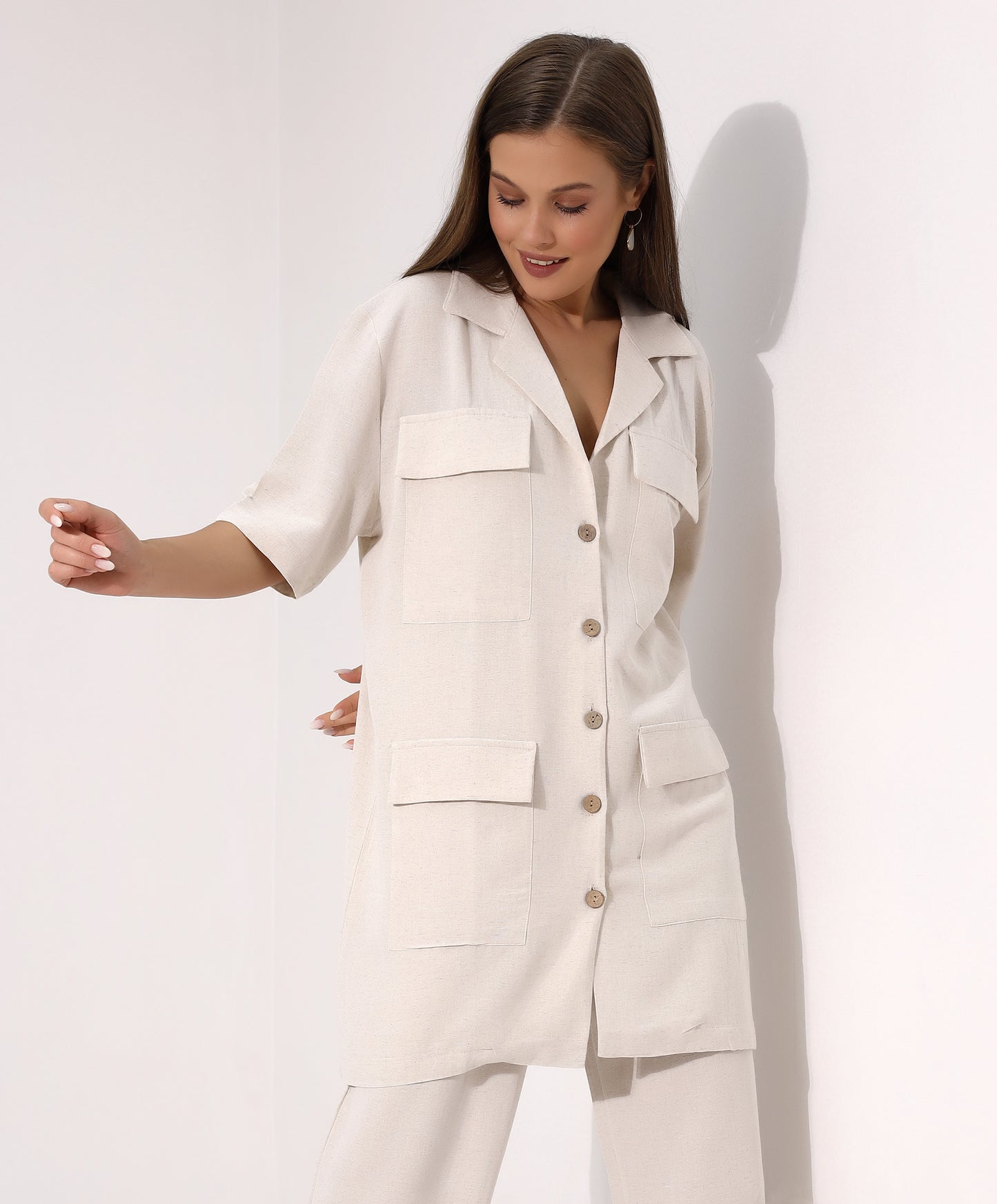 Casual Beige Button-Down Two-Piece Set