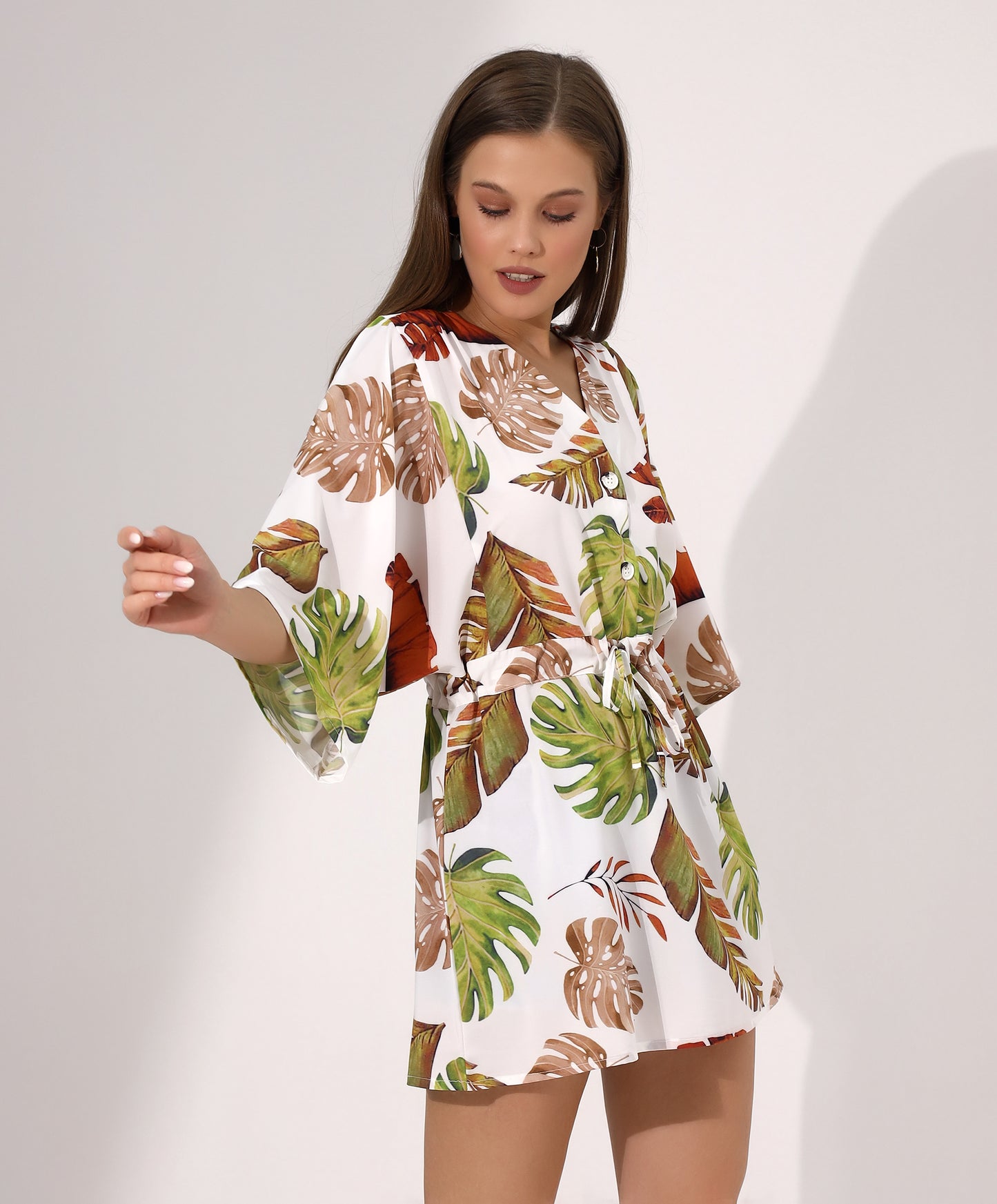 Tropical Print Drawstring Waist Dress