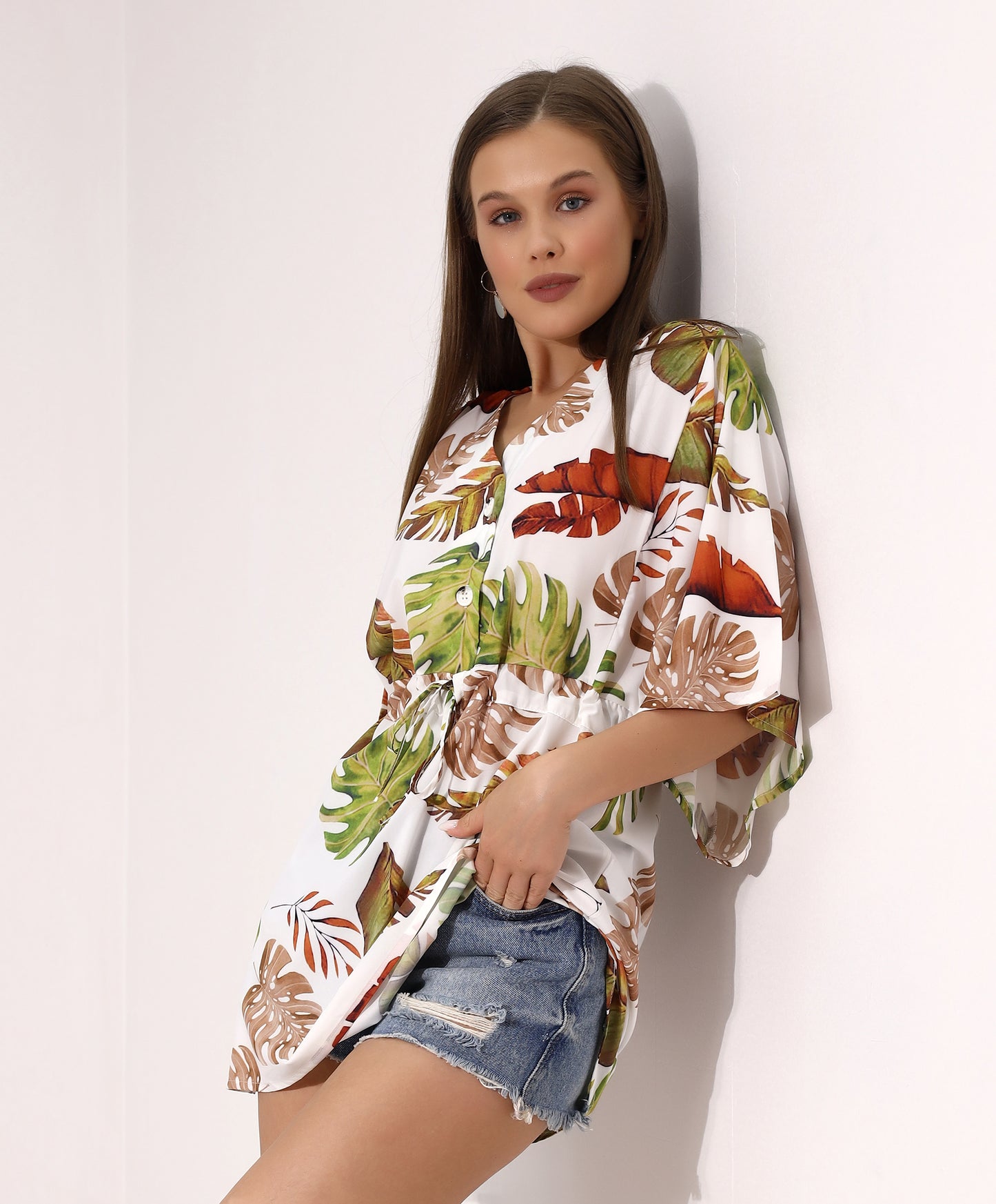 Tropical Print Drawstring Waist Dress