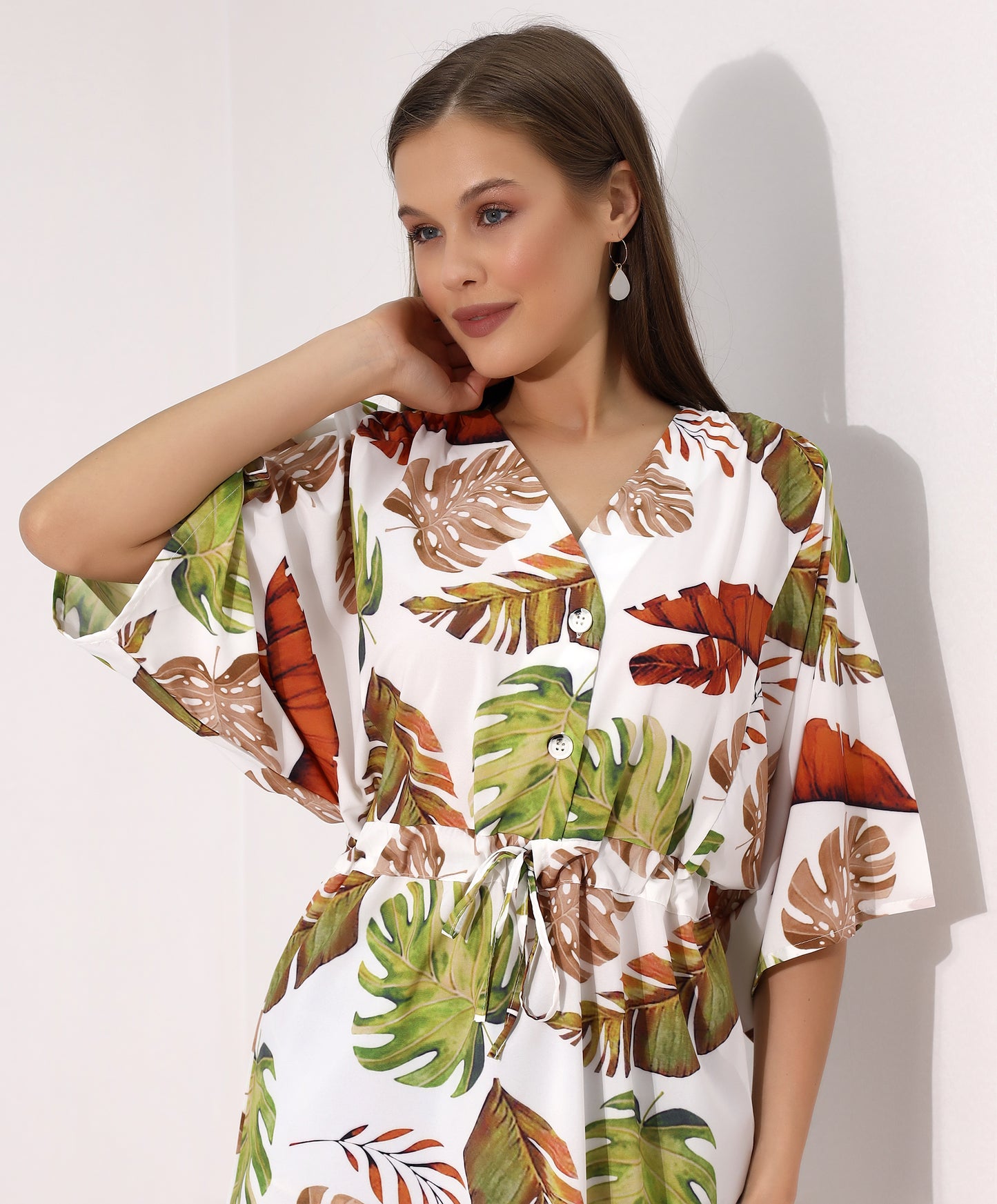 Tropical Print Drawstring Waist Dress