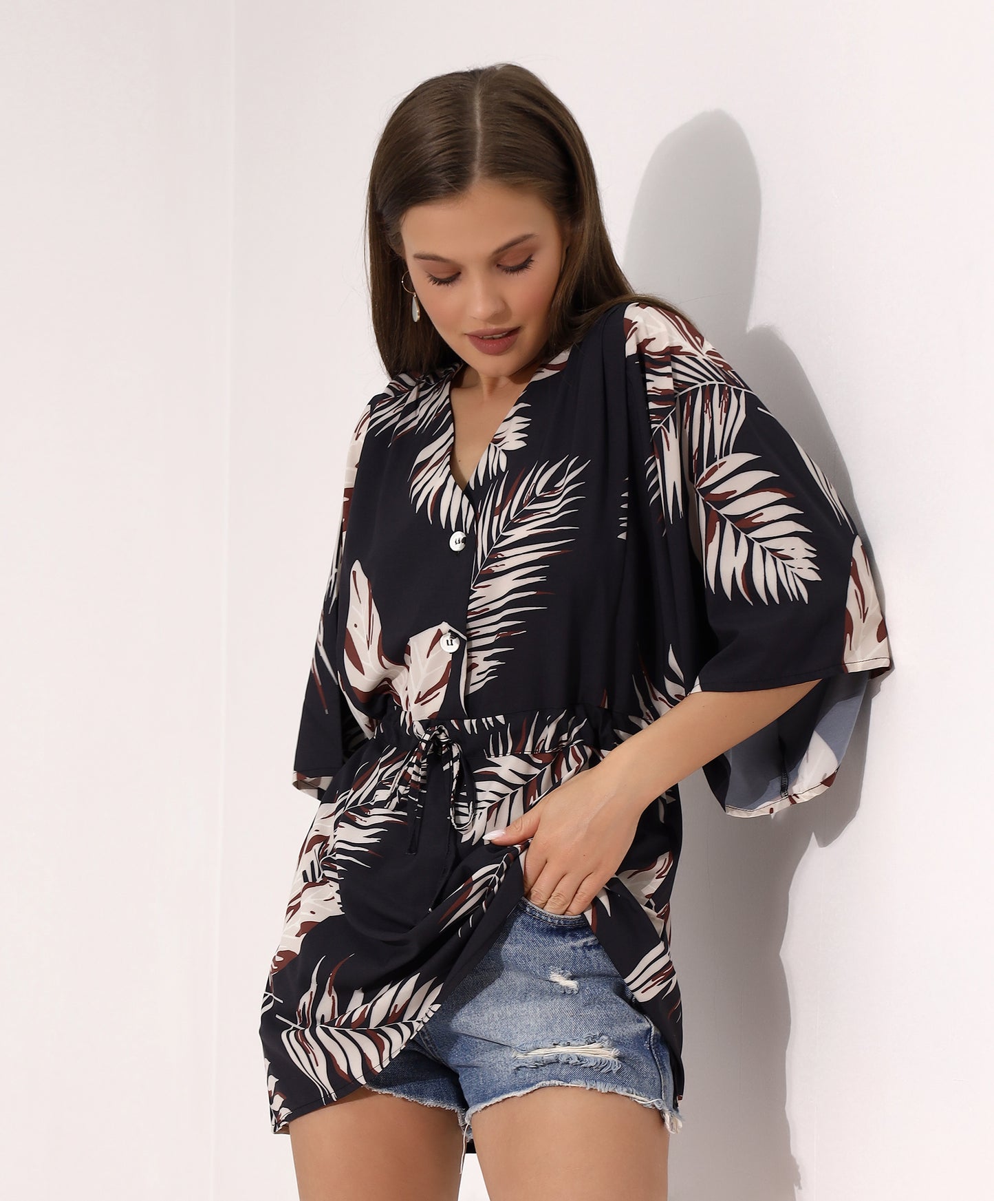 Tropical Print Drawstring Mini Dress