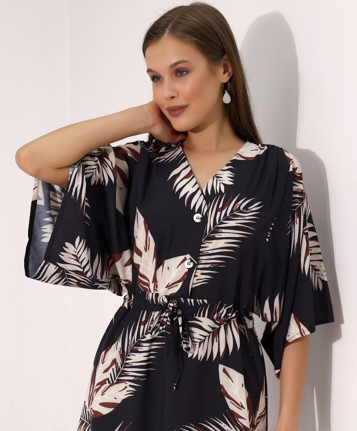 Tropical Print Drawstring Mini Dress