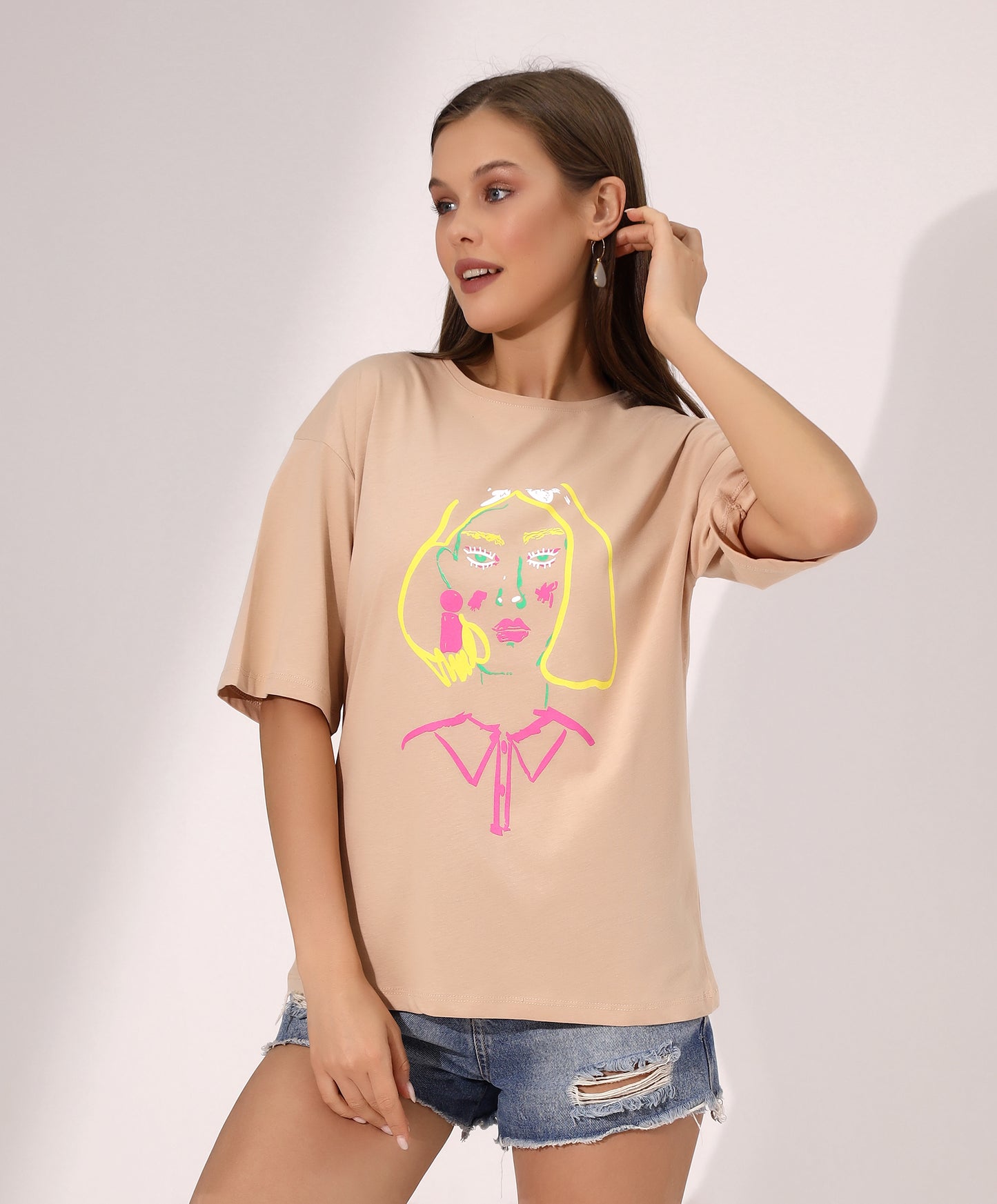 Graphic Beige T-Shirt with Face Illustration