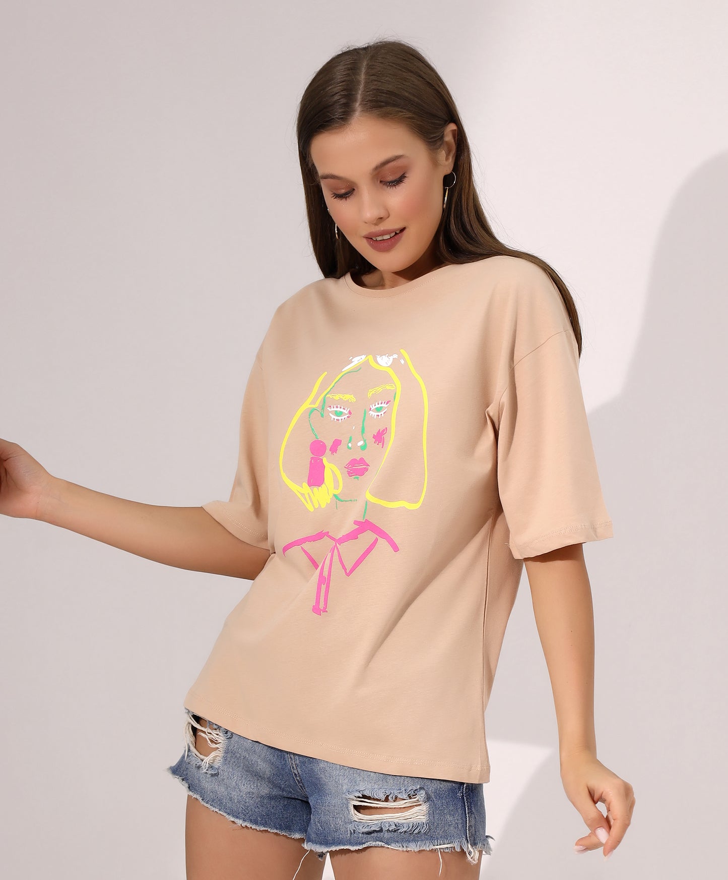 Graphic Beige T-Shirt with Face Illustration