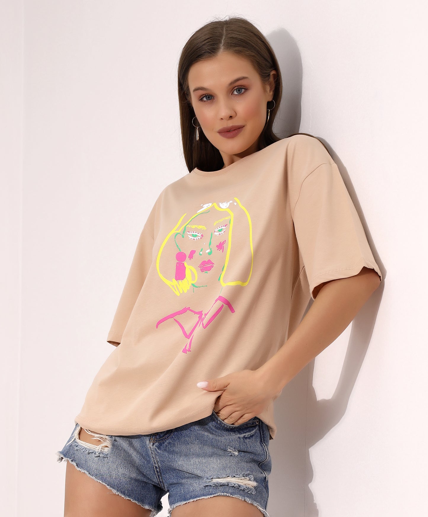 Graphic Beige T-Shirt with Face Illustration