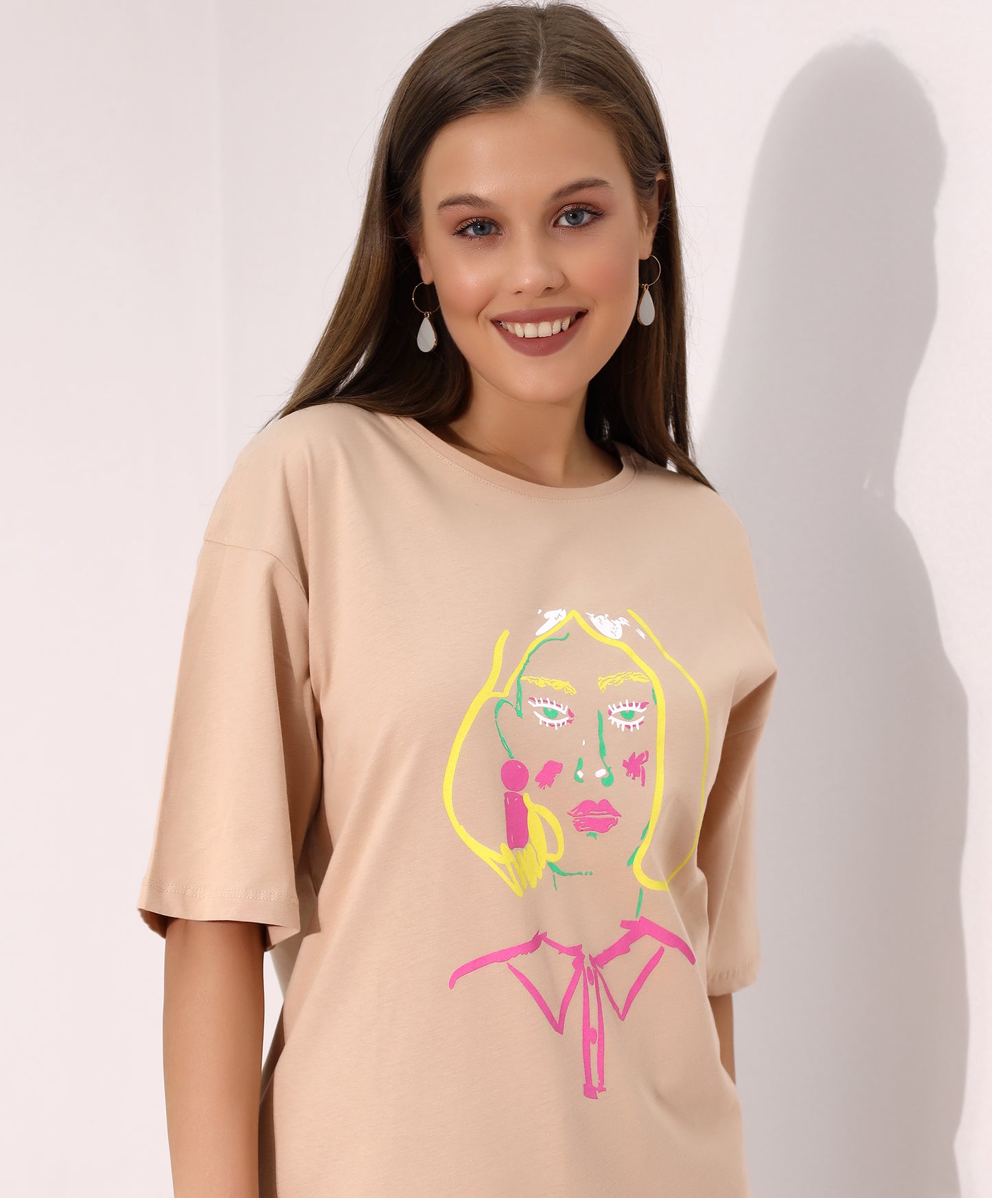 Graphic Beige T-Shirt with Face Illustration