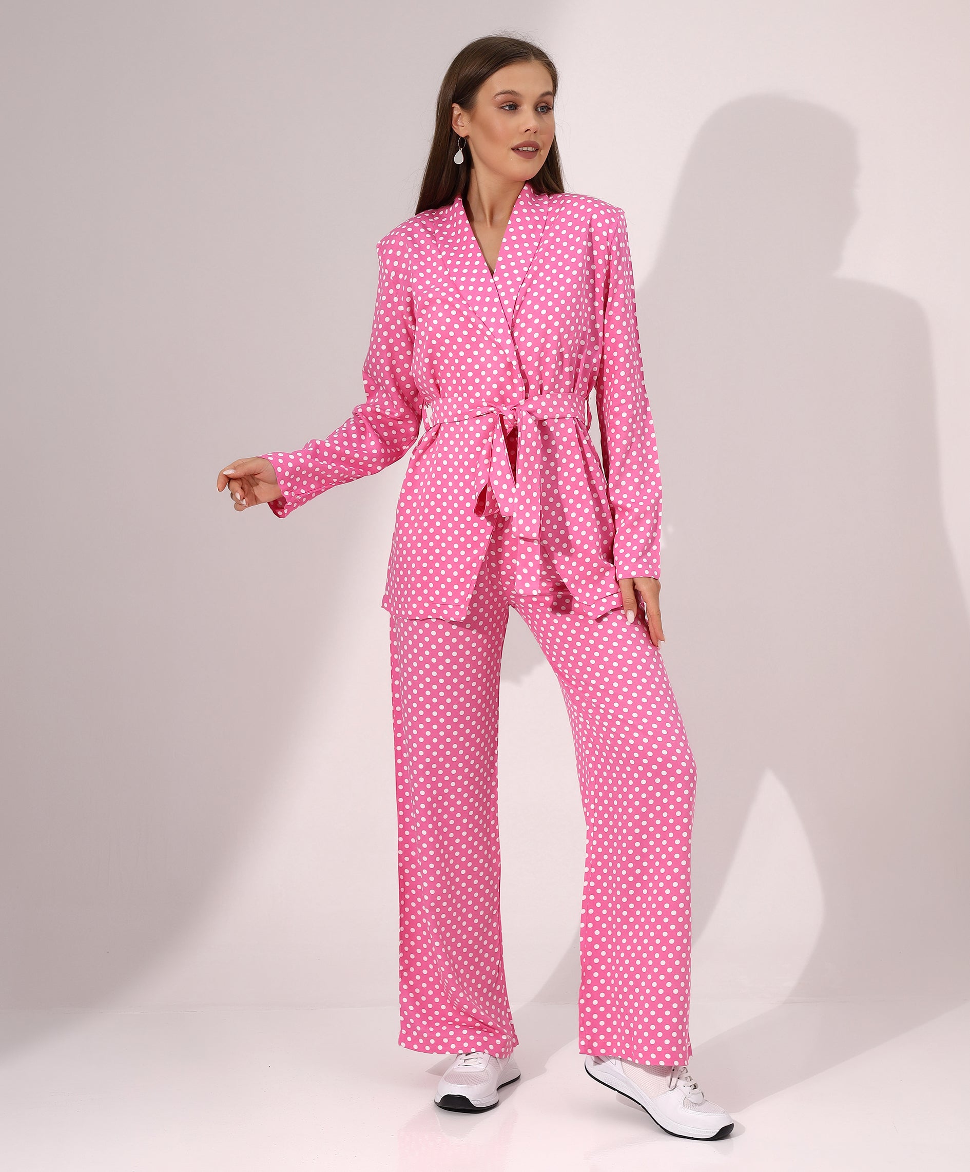 Pink Polka Dot Belted Long Sleeve Blazer and Wide-Leg Pants Set - Stayele Store S