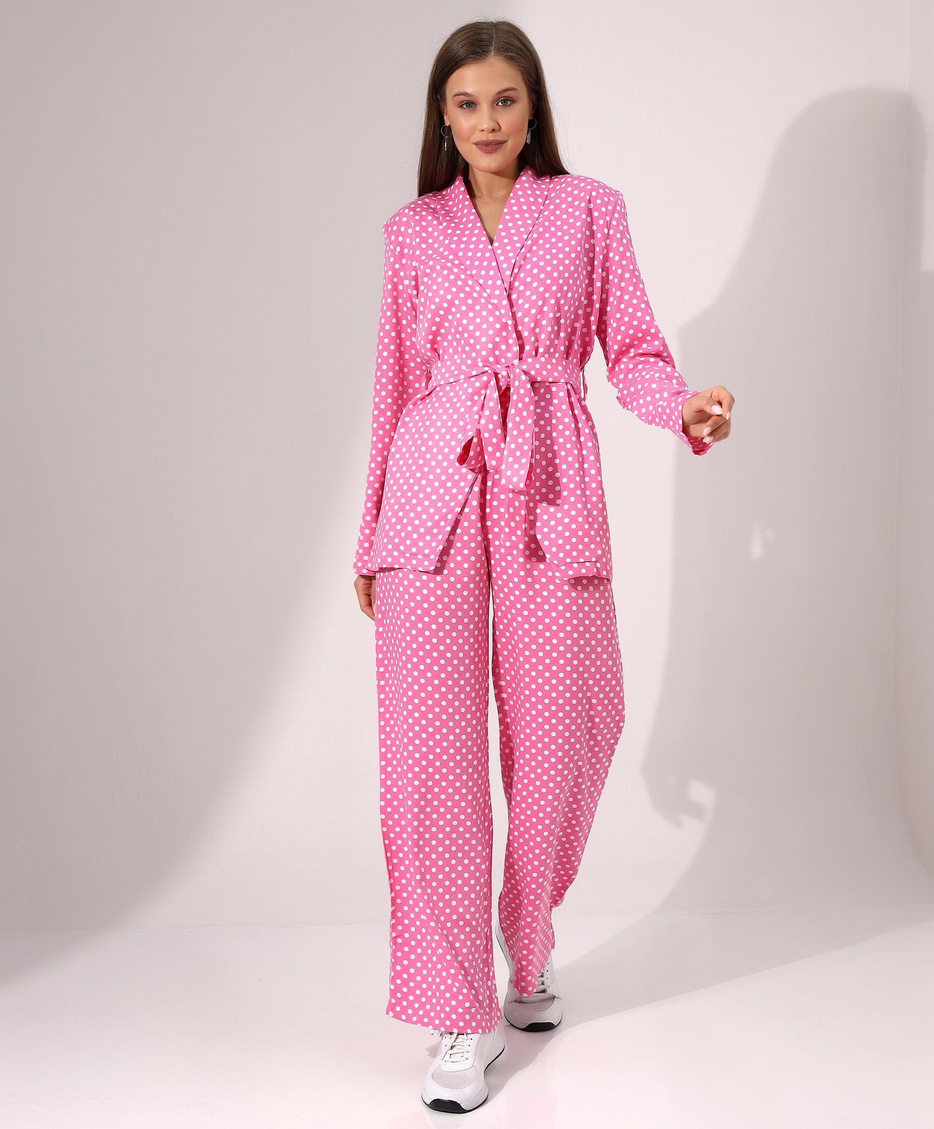 Pink Polka Dot Belted Long Sleeve Blazer and Wide-Leg Pants Set - Stayele Store S