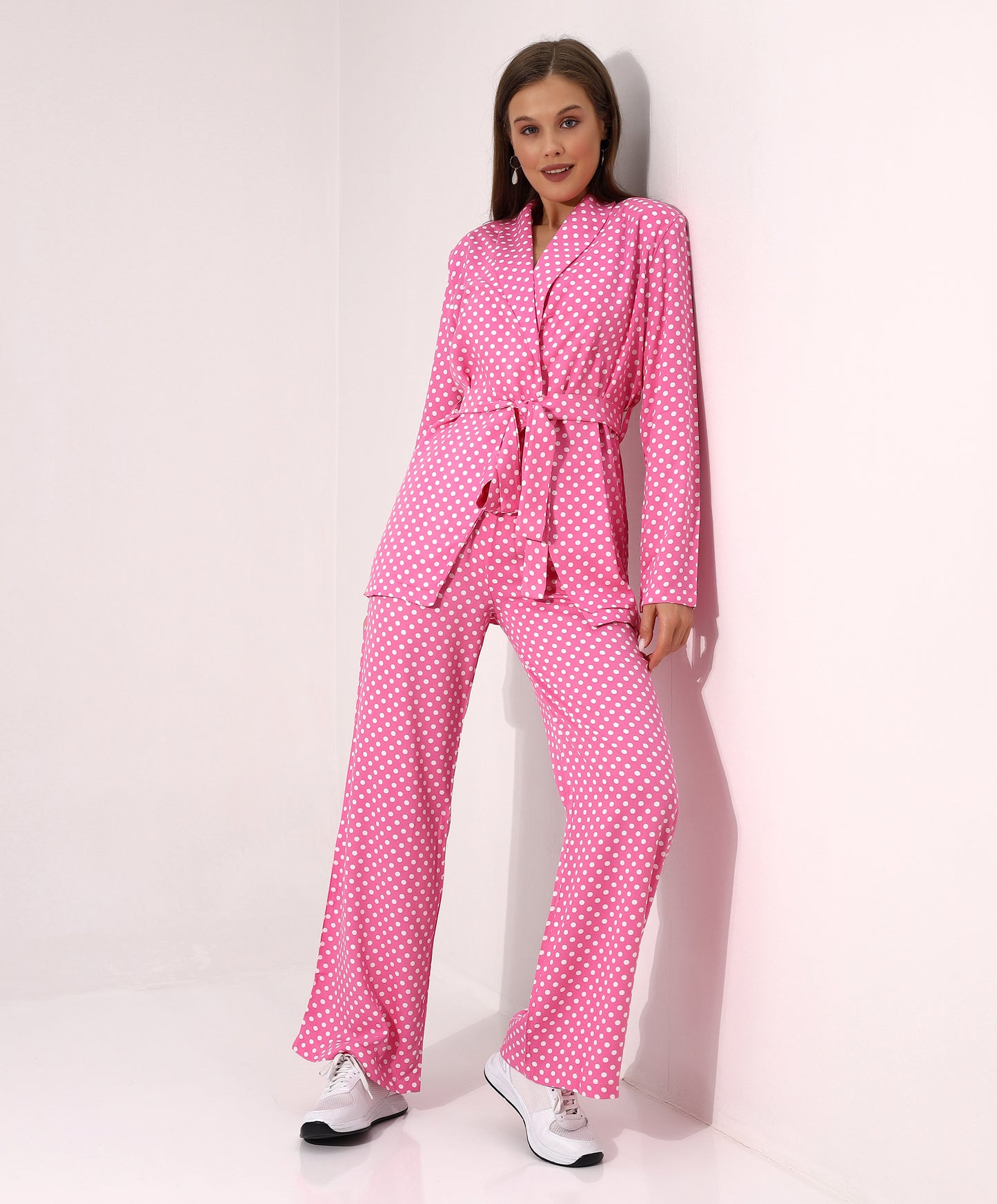 Pink Polka Dot Belted Long Sleeve Blazer and Wide-Leg Pants Set - Stayele Store S