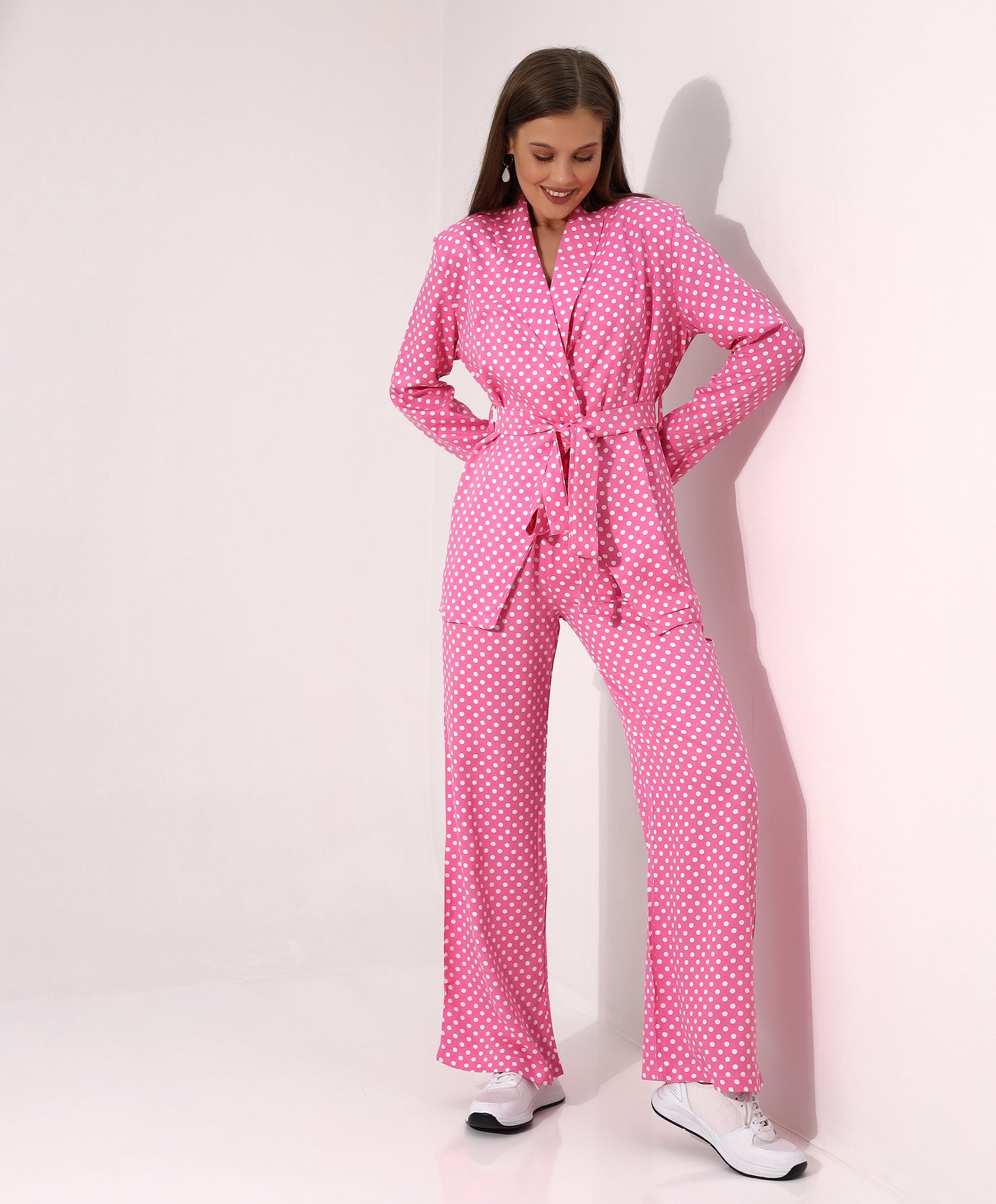 Pink Polka Dot Belted Long Sleeve Blazer and Wide-Leg Pants Set - Stayele Store S