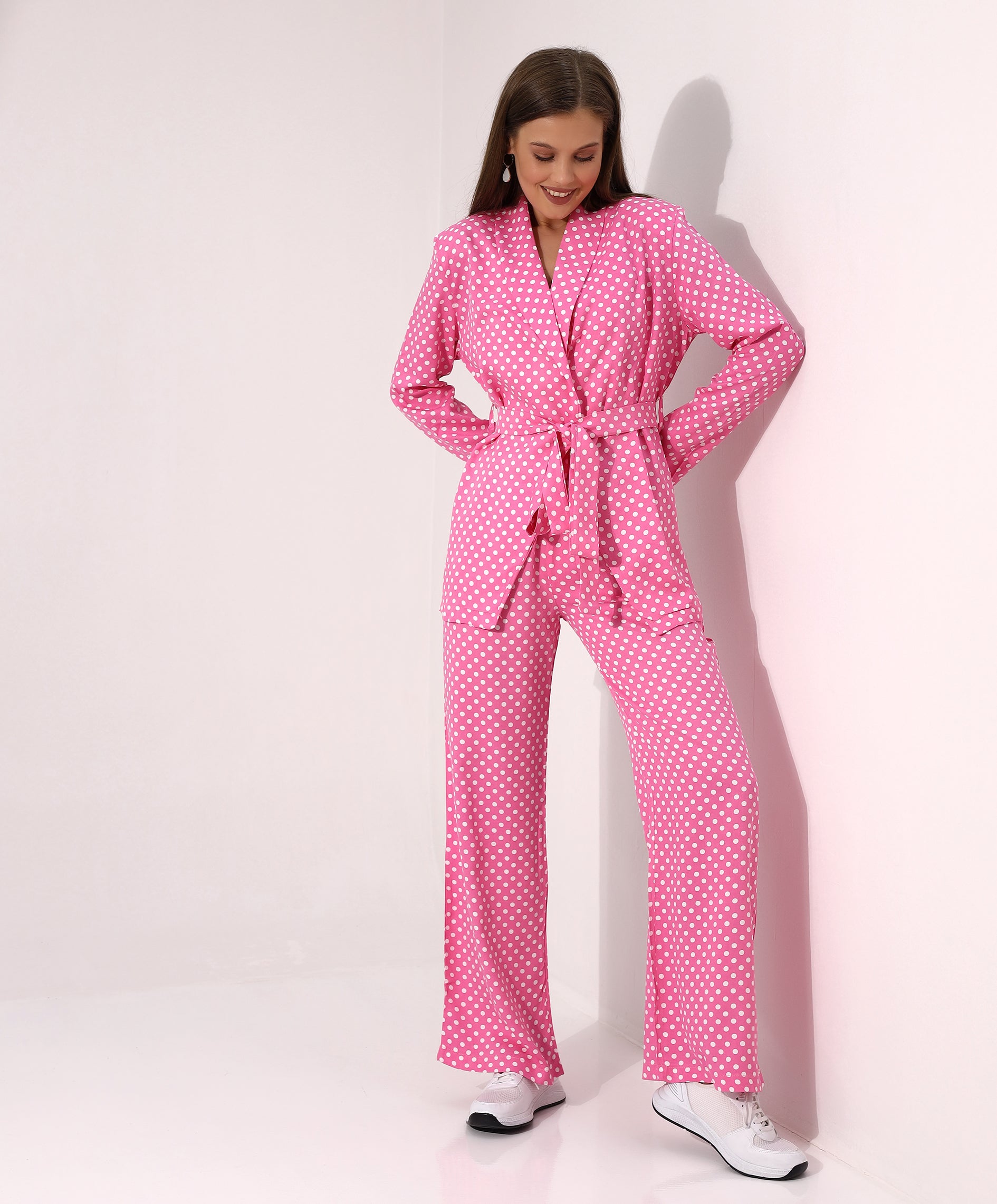 Pink Polka Dot Belted Long Sleeve Blazer and Wide-Leg Pants Set - Stayele Store S