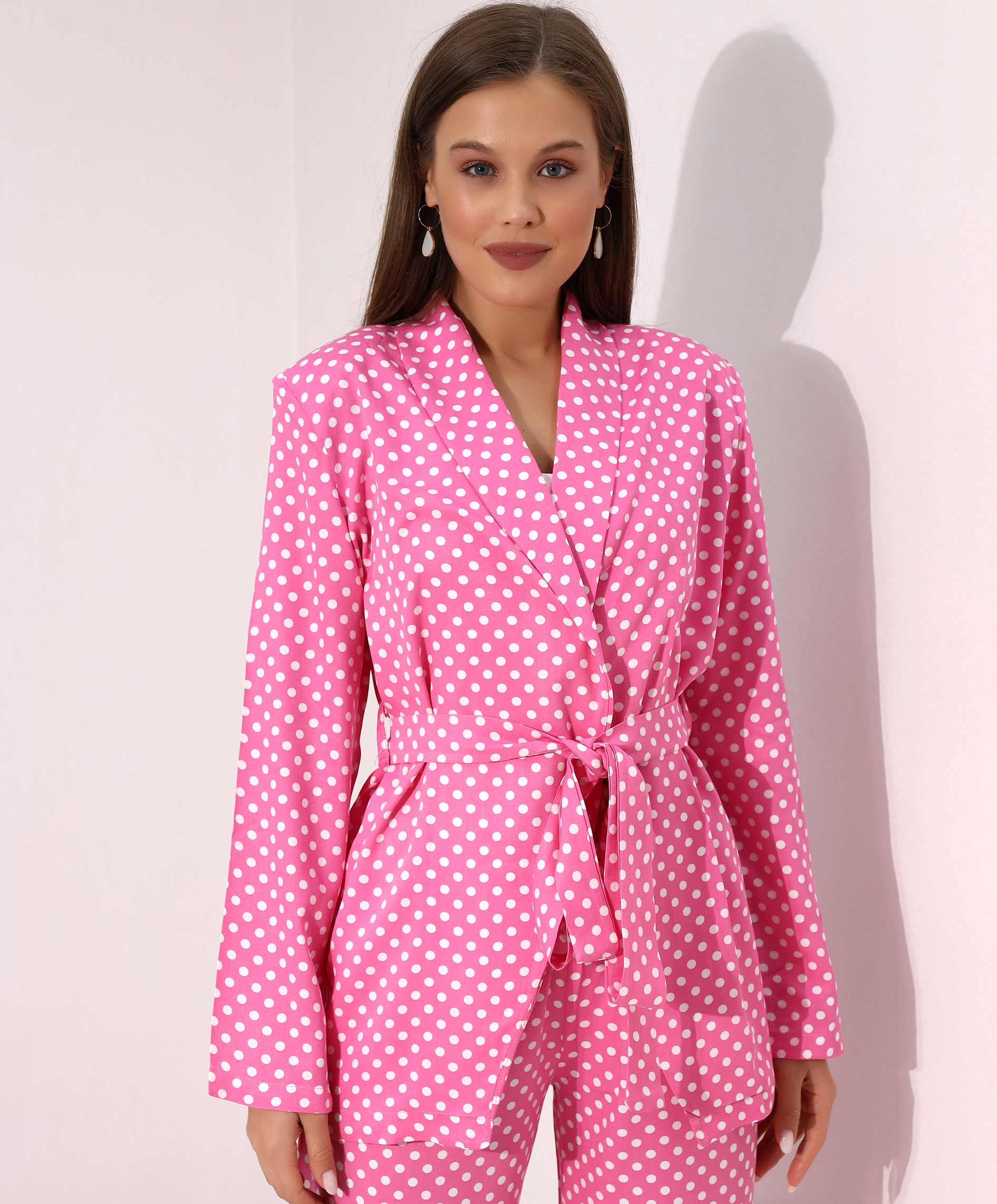 Pink Polka Dot Belted Long Sleeve Blazer and Wide-Leg Pants Set - Stayele Store S