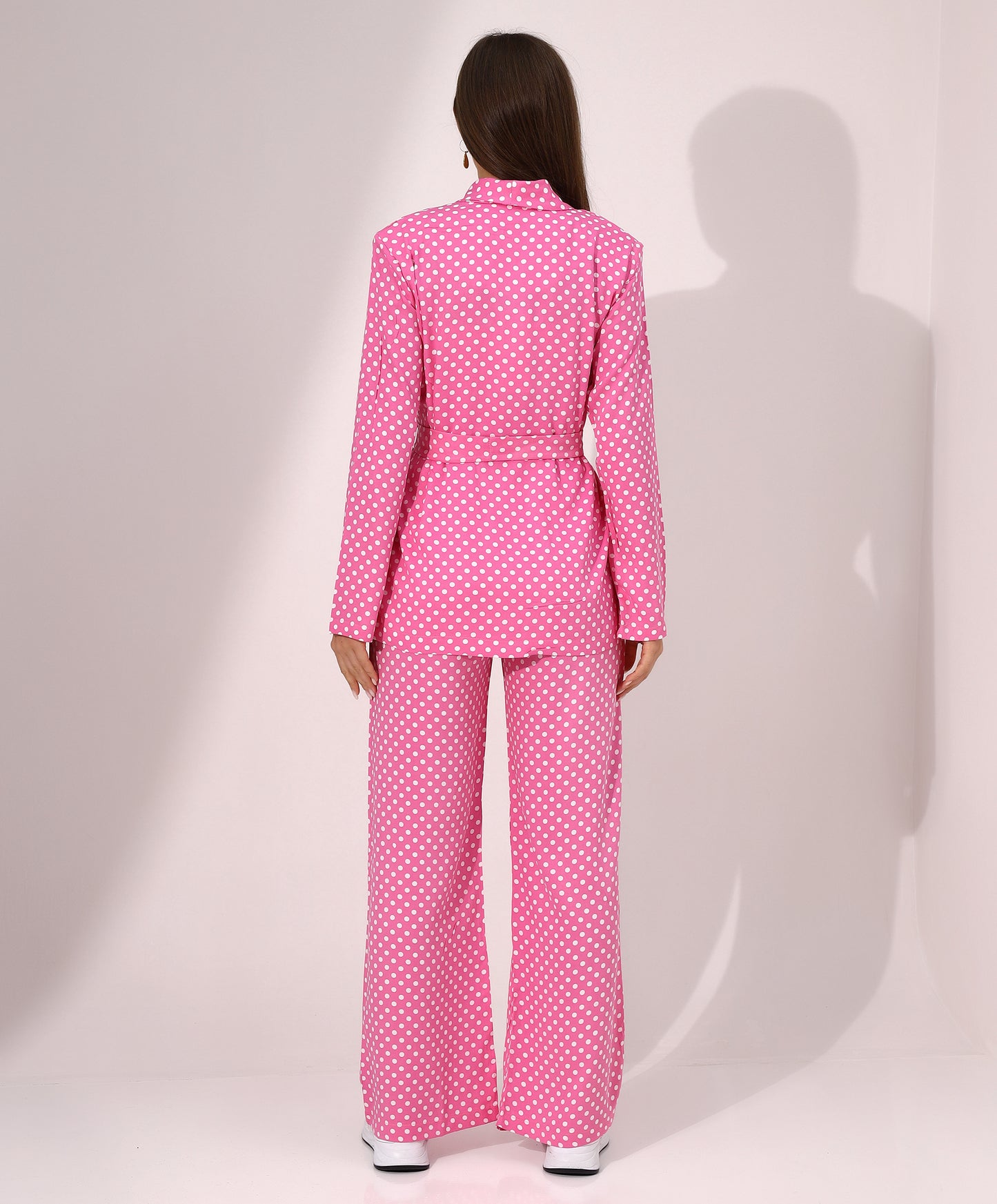 Pink Polka Dot Belted Long Sleeve Blazer and Wide-Leg Pants Set - Stayele Store S