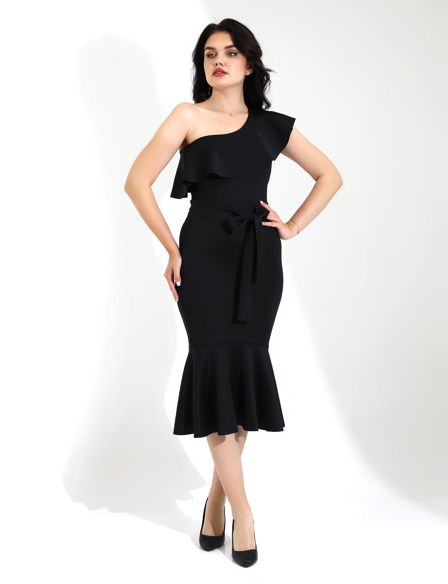 Elegant Black One-Shoulder Midi Dress with Flared Hem