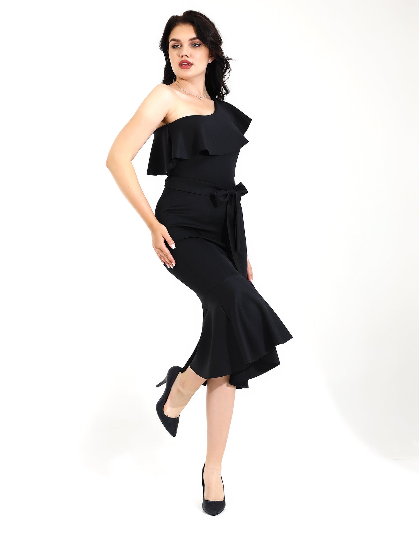 Elegant Black One-Shoulder Midi Dress with Flared Hem