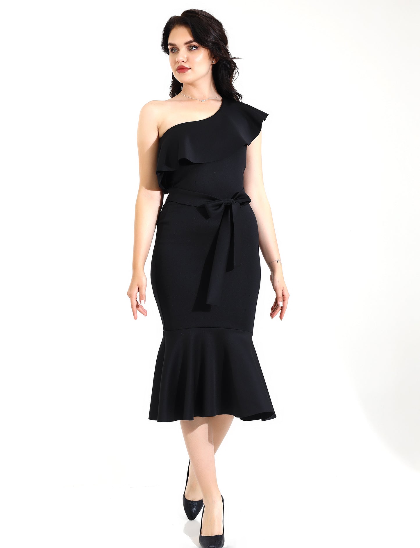 Elegant Black One-Shoulder Midi Dress with Flared Hem