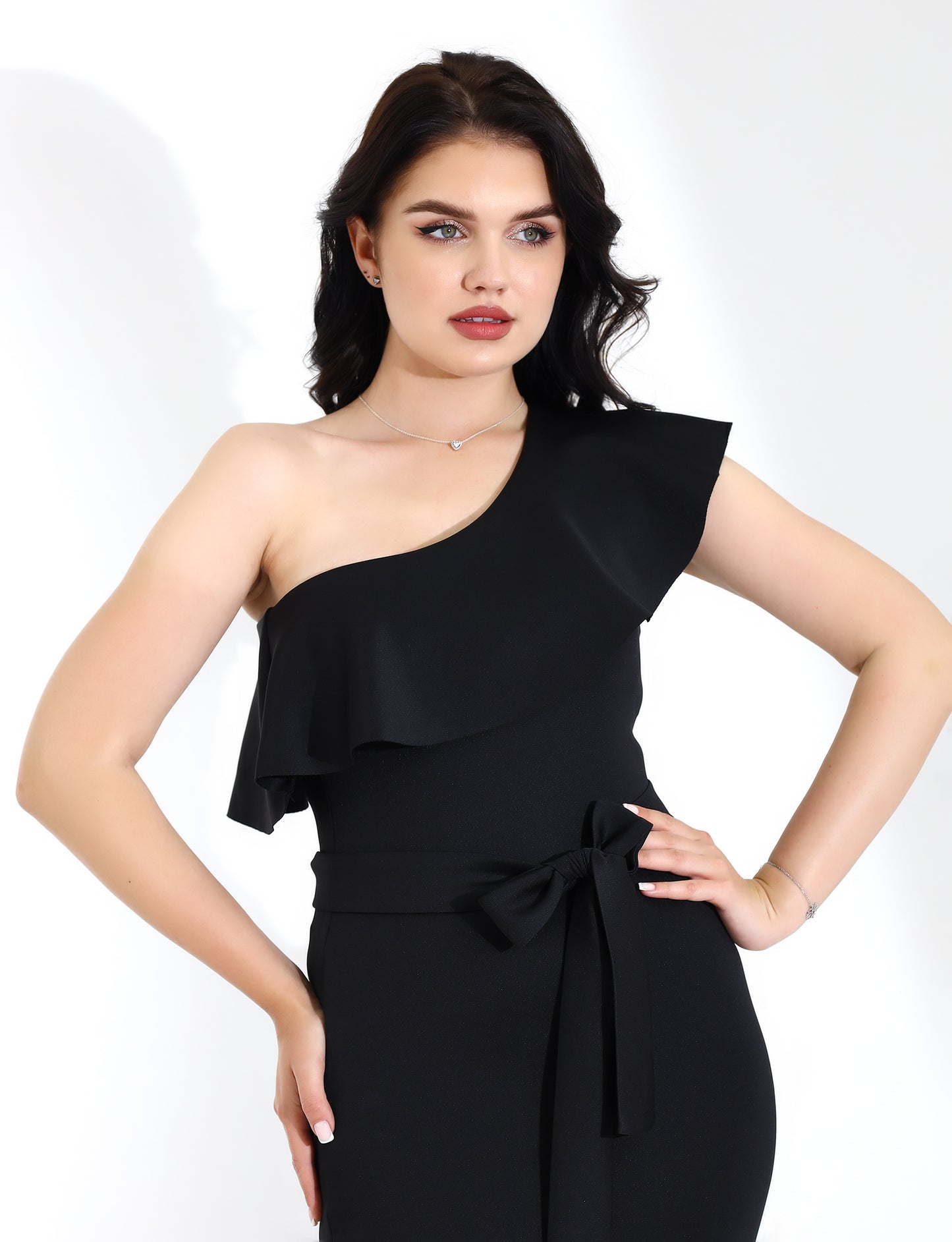 Elegant Black One-Shoulder Midi Dress with Flared Hem