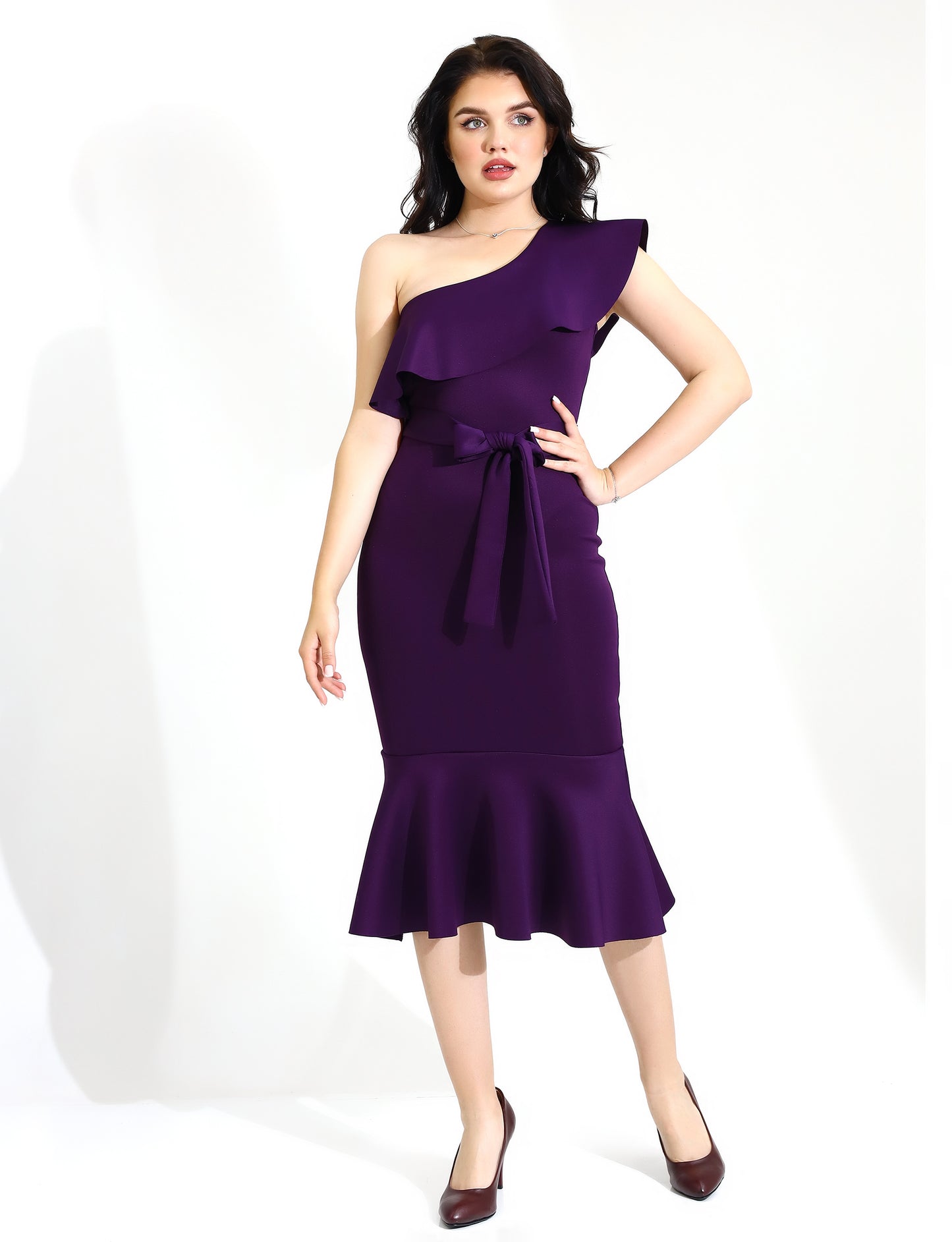 Elegant One-Shoulder Purple Ruffle Midi Dress