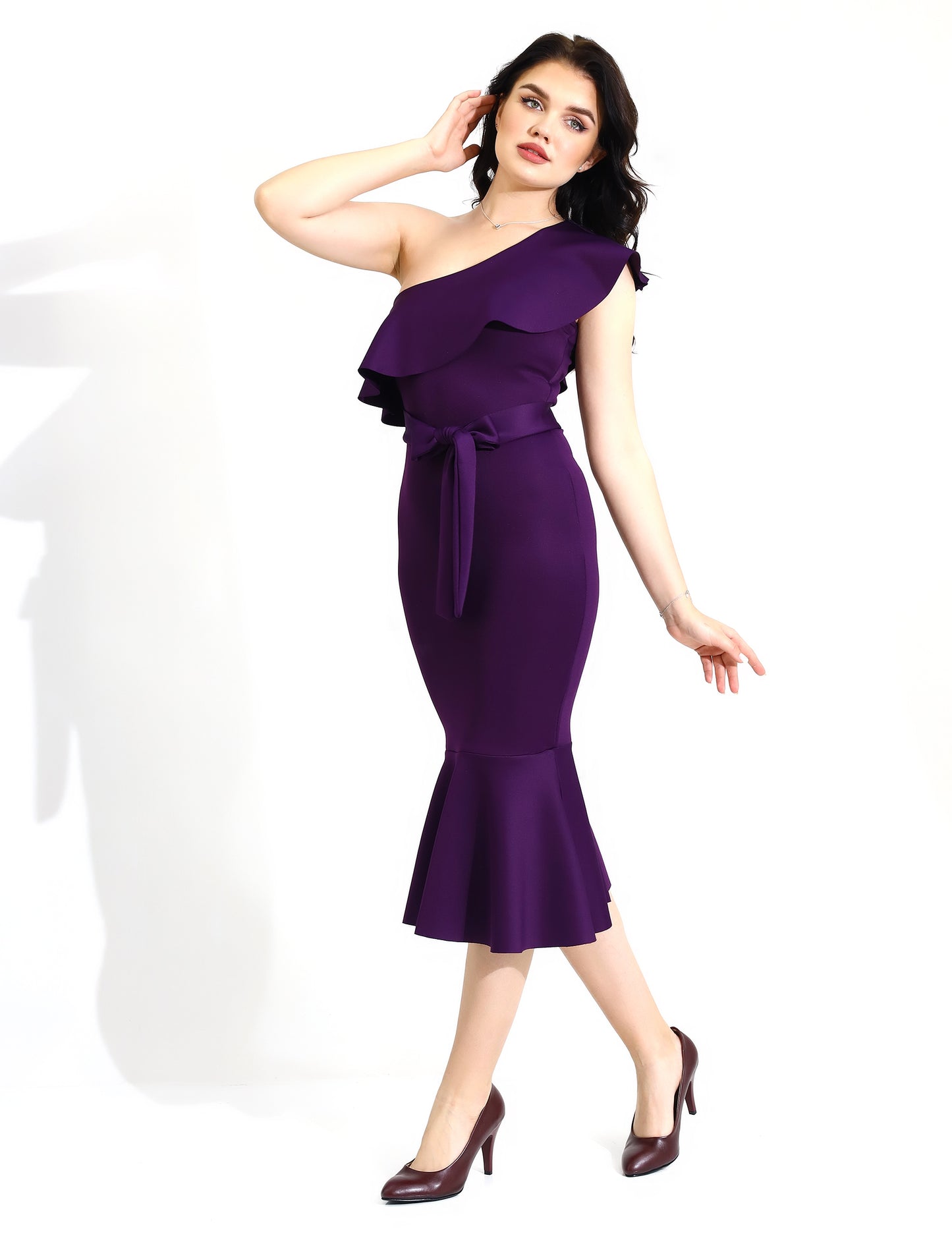 Elegant One-Shoulder Purple Ruffle Midi Dress