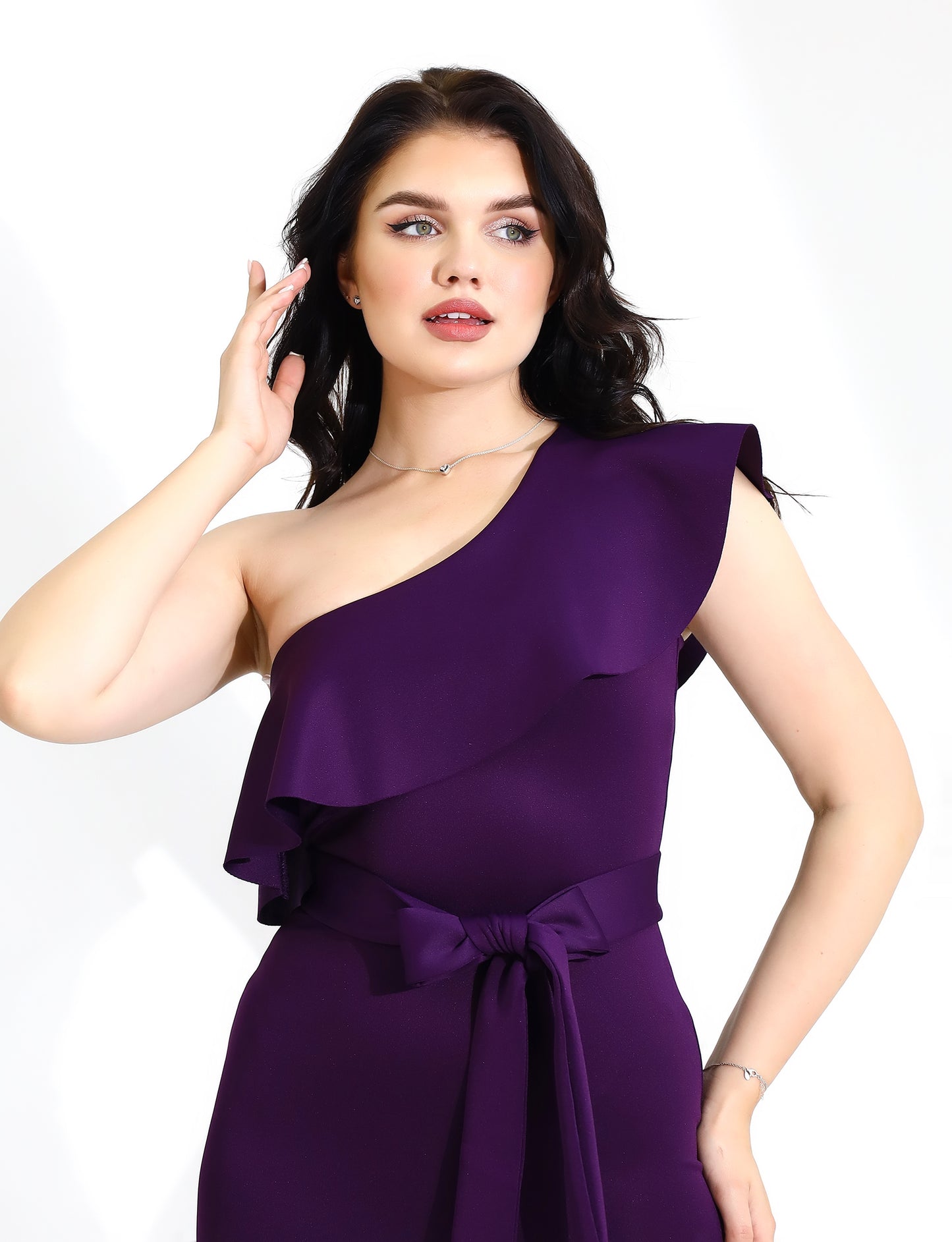 Elegant One-Shoulder Purple Ruffle Midi Dress