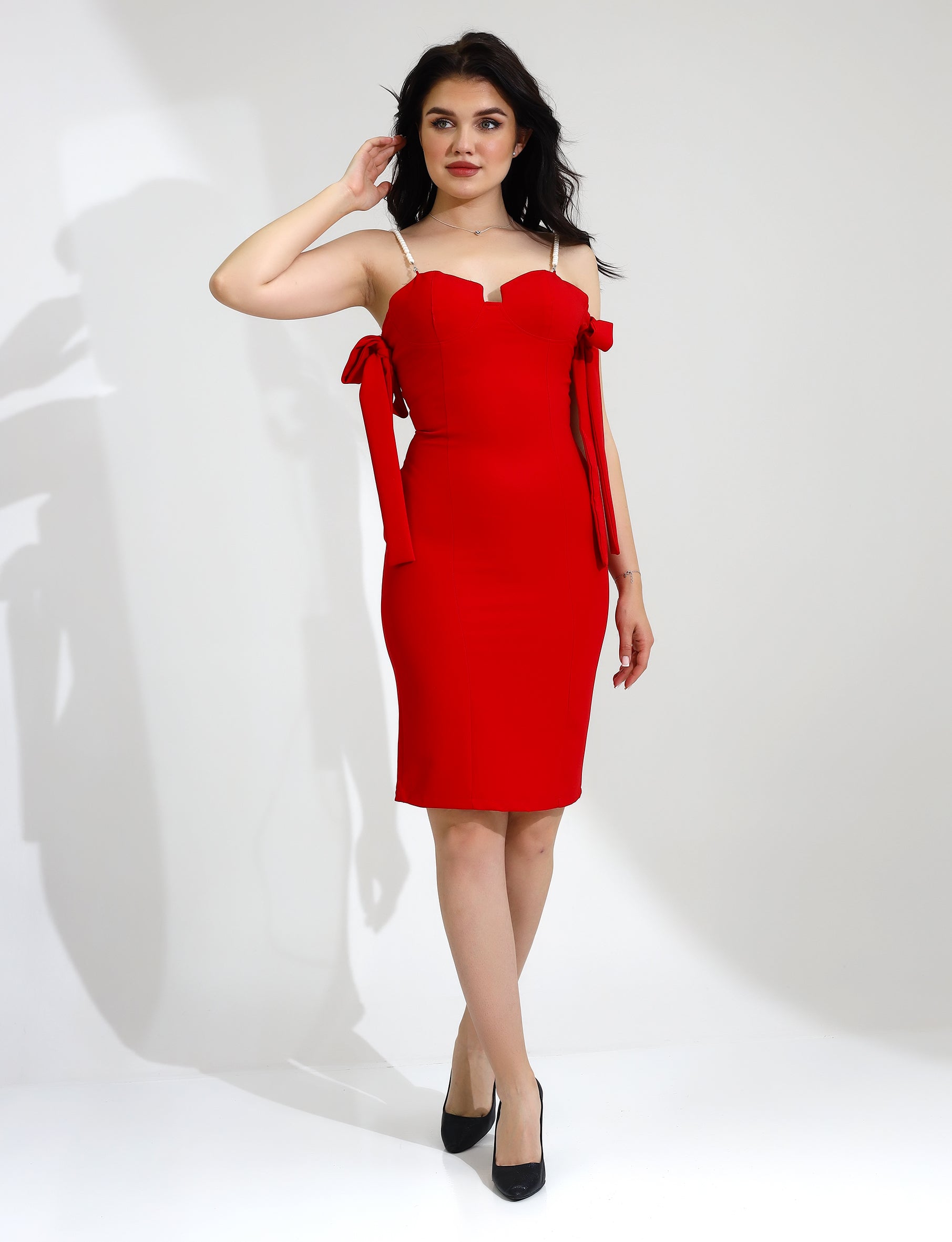 Stunning Red Bodycon Dress with Pearl-Embellished Straps - Stayele Store S