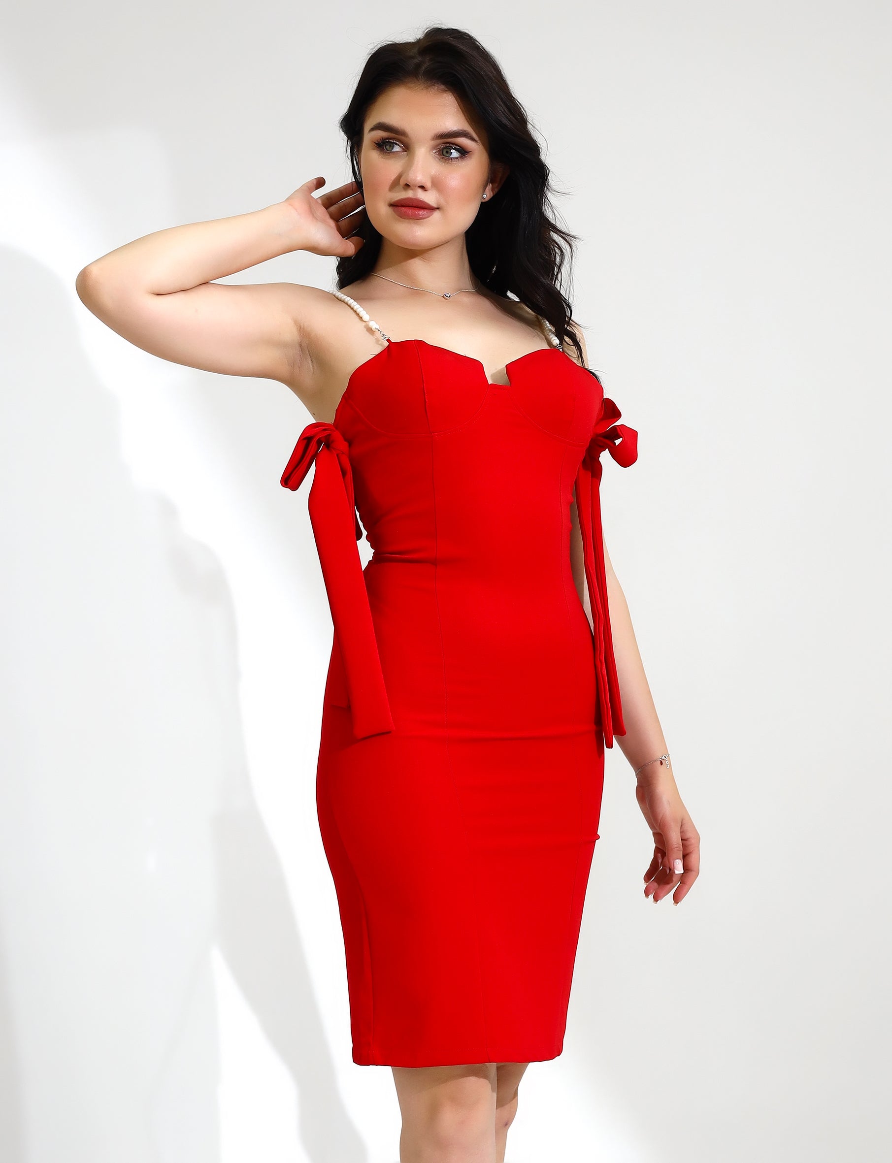 Stunning Red Bodycon Dress with Pearl-Embellished Straps - Stayele Store S